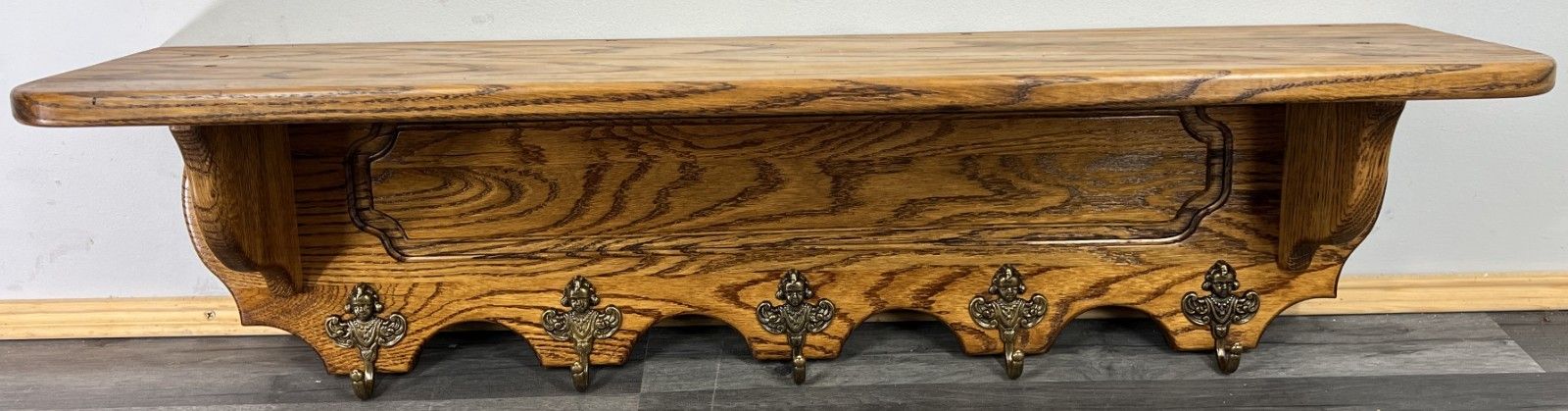 French Vintage Style Coat Rack Oak 5 Hooks Ornate Wall Shelf Coat Lot 4723 photo for sale