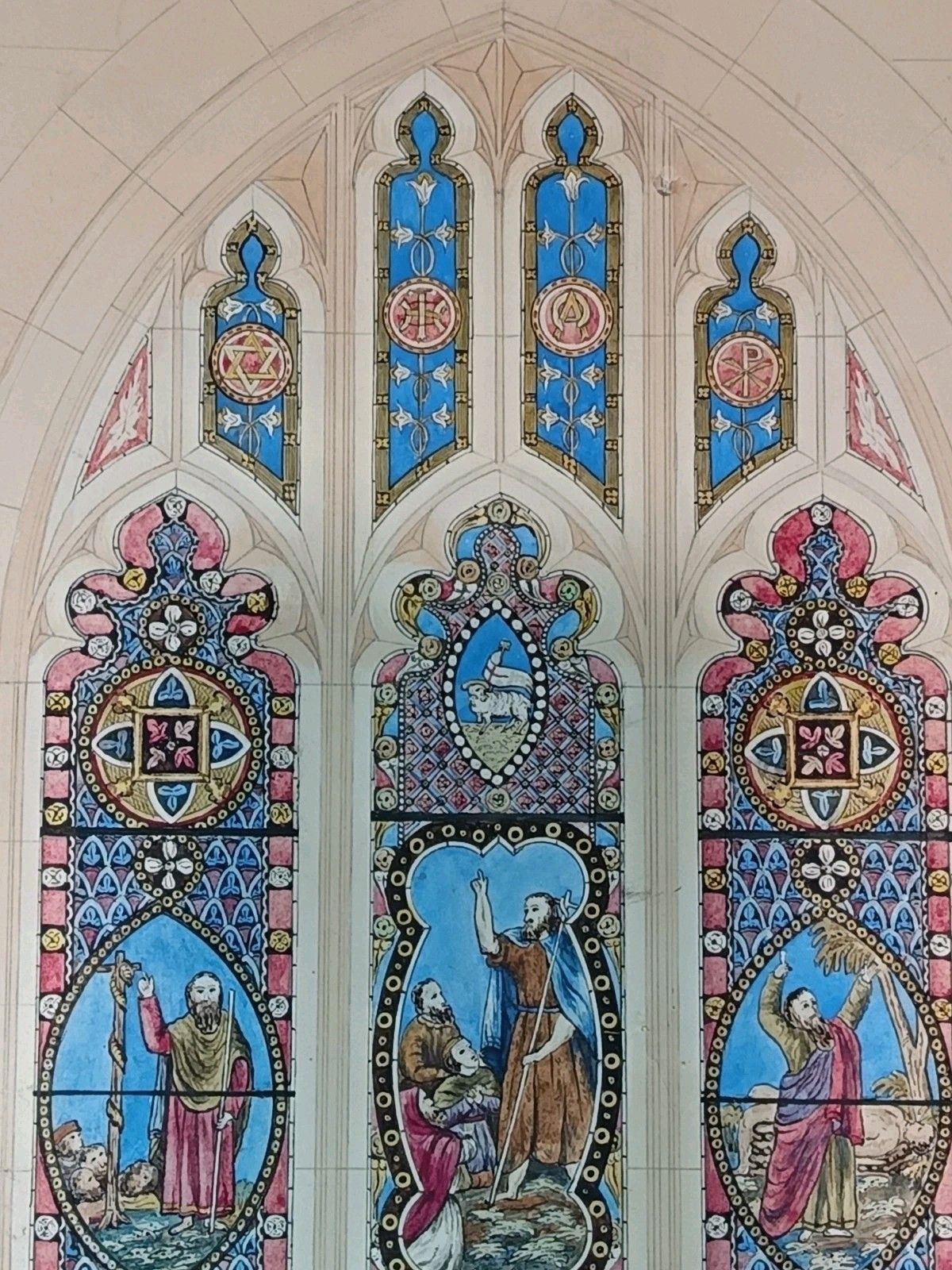 Large Victorian Stained Glass Cartoon – Saint John The Baptist – C.1870 33x48cm photo furniture
