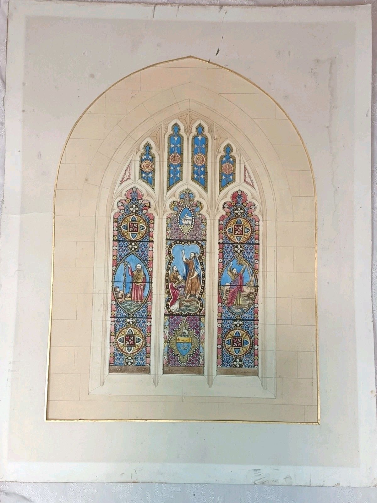 Large Victorian Stained Glass Cartoon – Saint John The Baptist – C.1870 33x48cm photo 3950.0