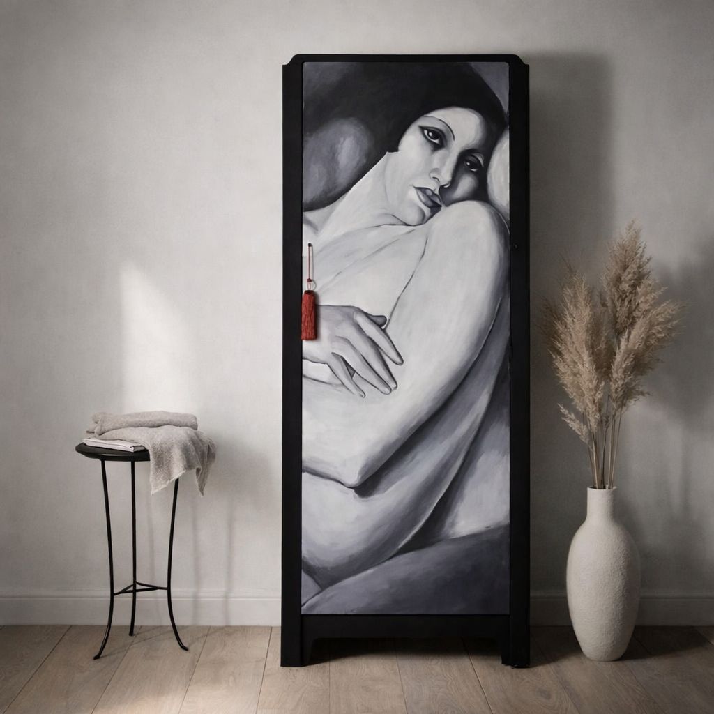 Vintage Lebus Wardrobe Hand Painted In Black And White Female Figure