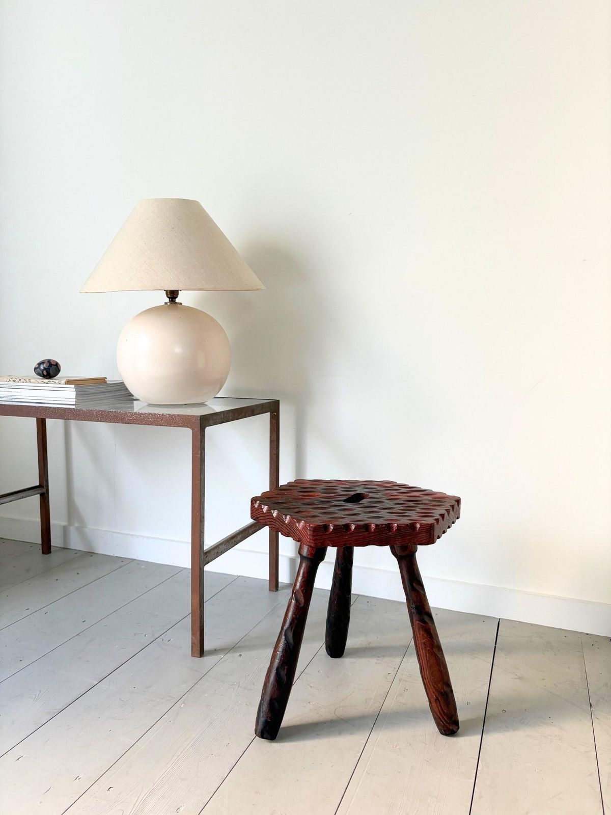 Brutalist Spanish Colonial Carved Stool Of Primitive Design Wooden Tripod Footstool Side Table Plant Stand