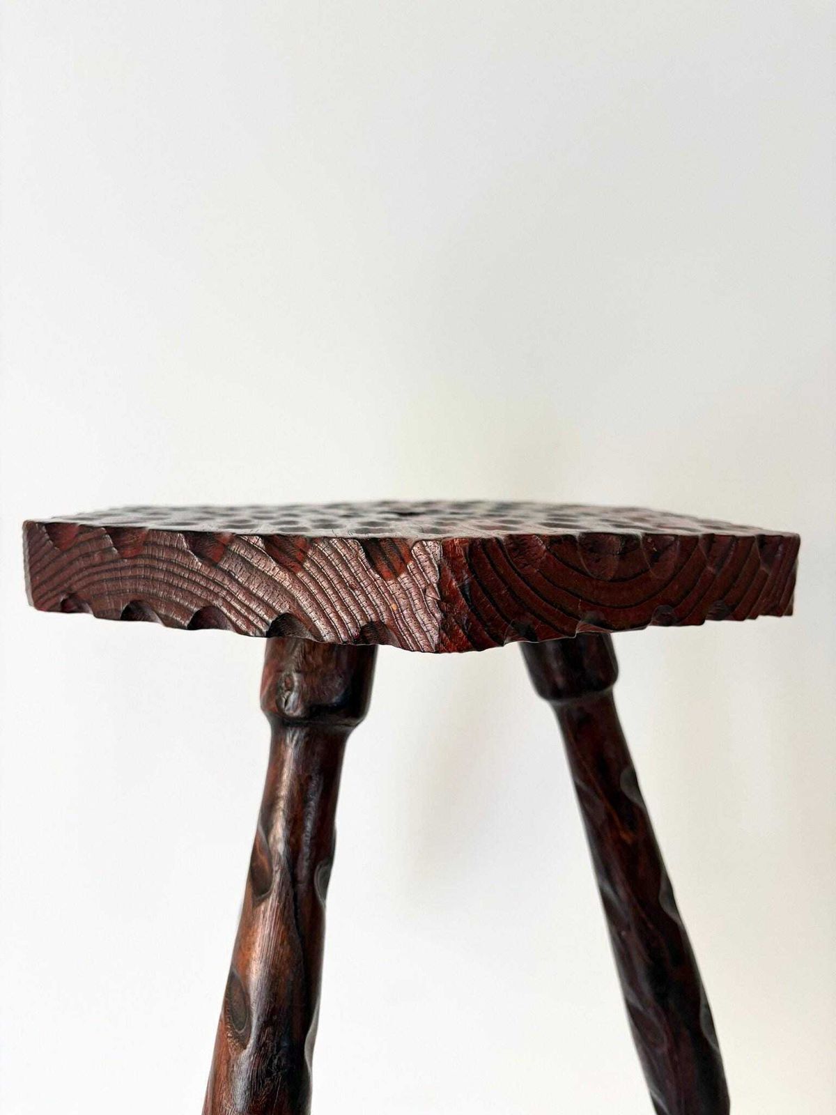 Brutalist Spanish Colonial Carved Stool Of Primitive Design Wooden Tripod Footstool Side Table Plant Stand photo Furniture