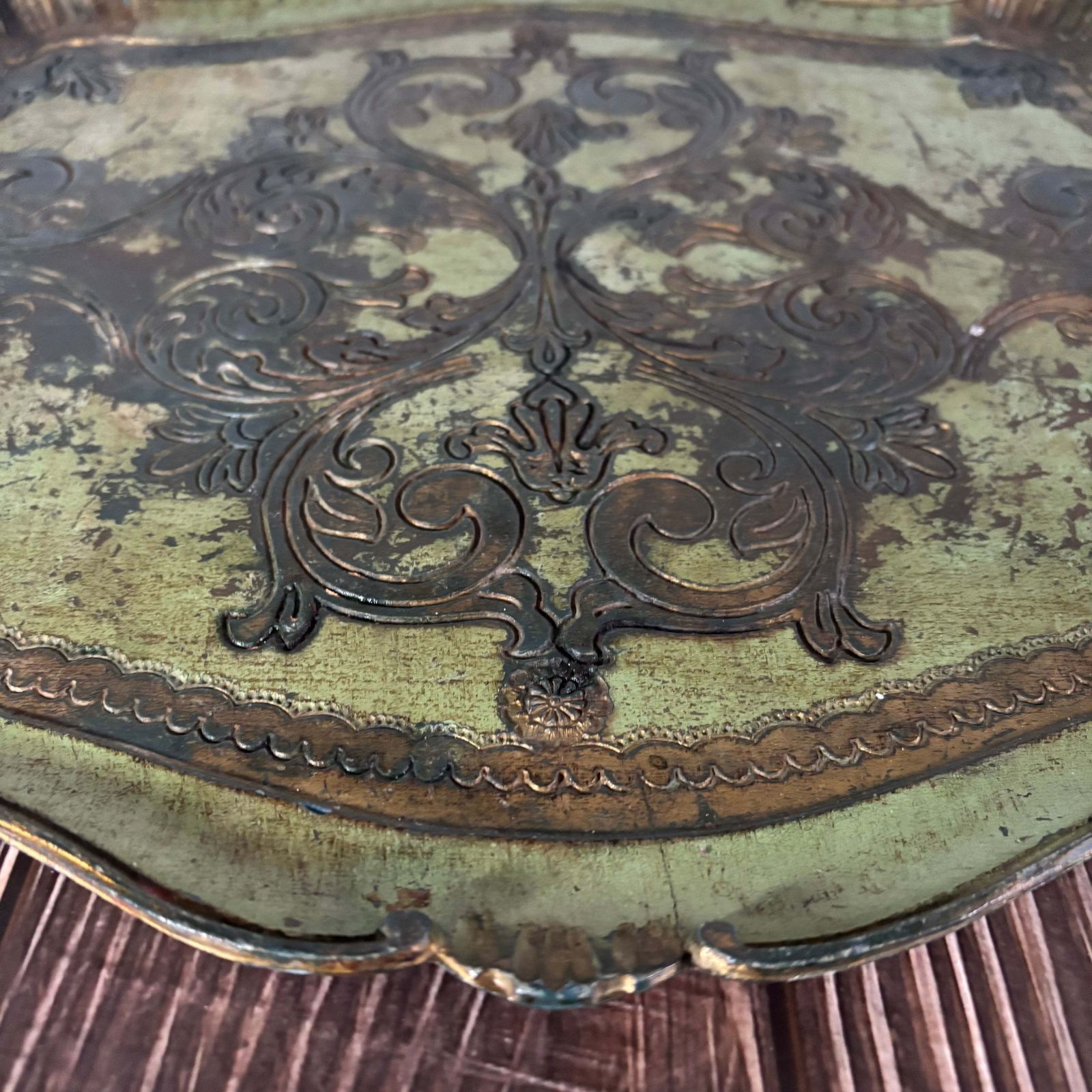 photo furniture Large Distressed Green And Gold Florentine Tray