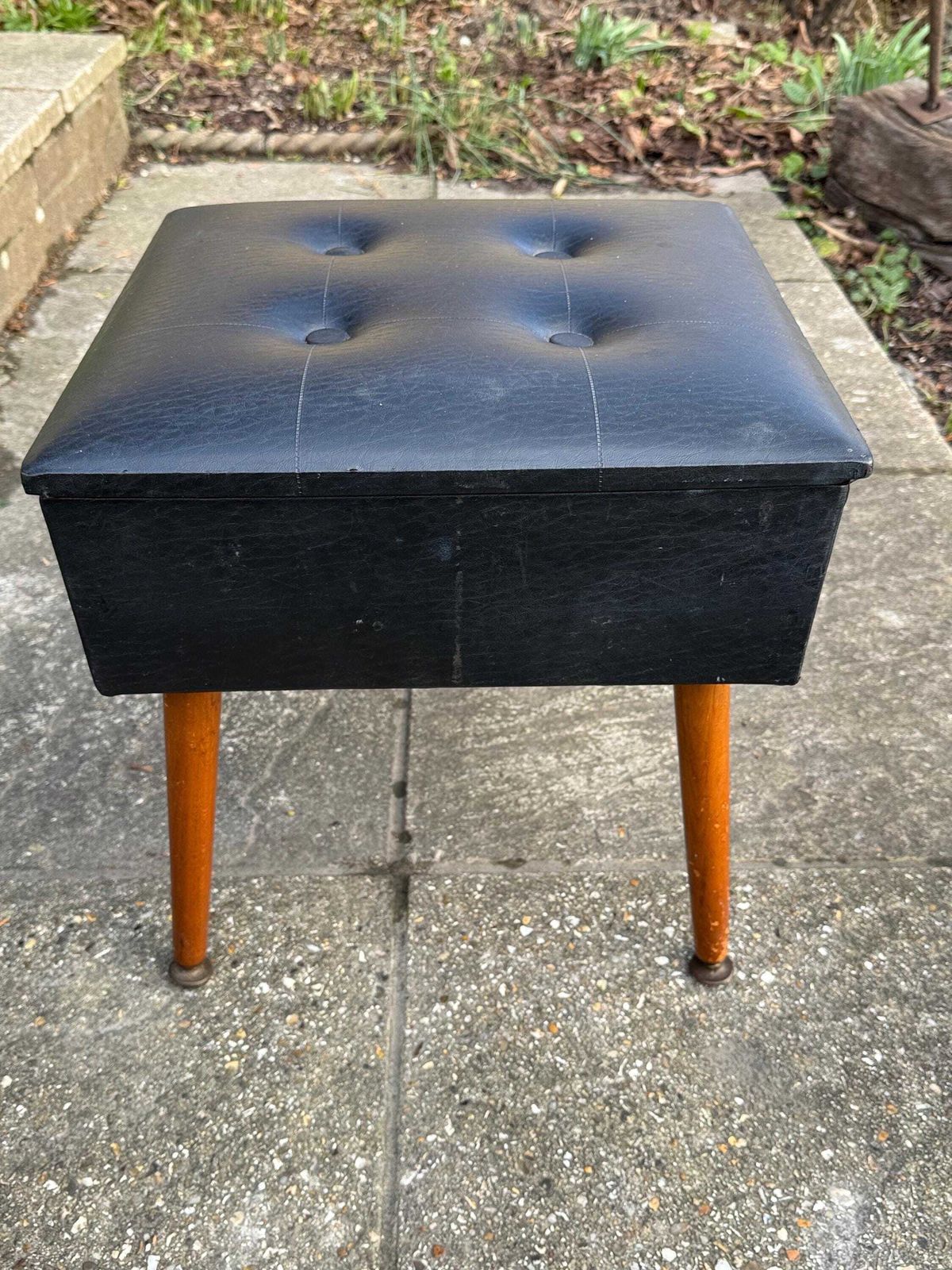 photo furniture Vintage Mid Century Sherborne Footstool Storage Ottoman Vinyl Teak Legs Sewing Box