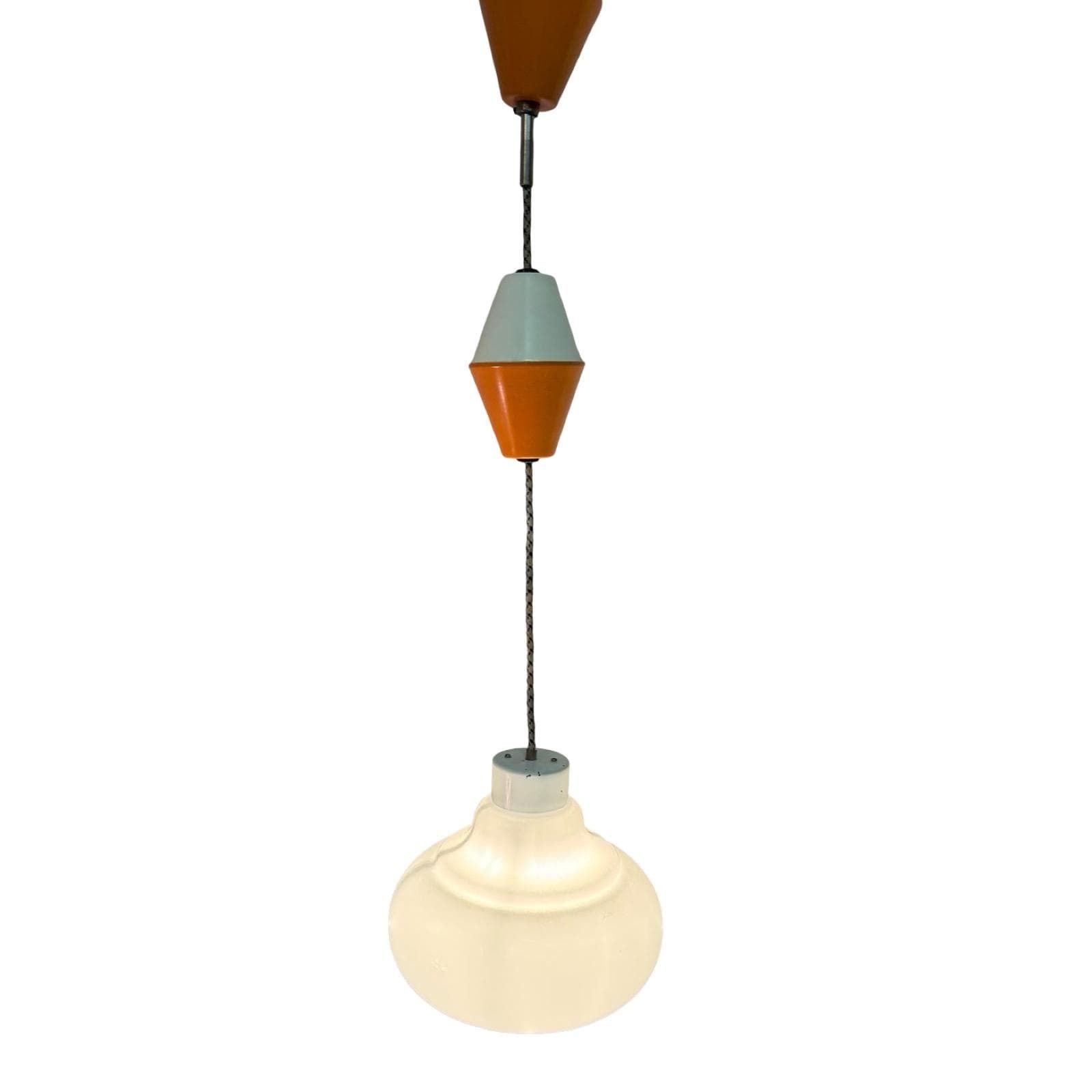 Vintage 50's Mcm Hanging Pendant   Pull Down / Adjustable   Czechoslovakia   Opaline Glass   Kamenický šenov