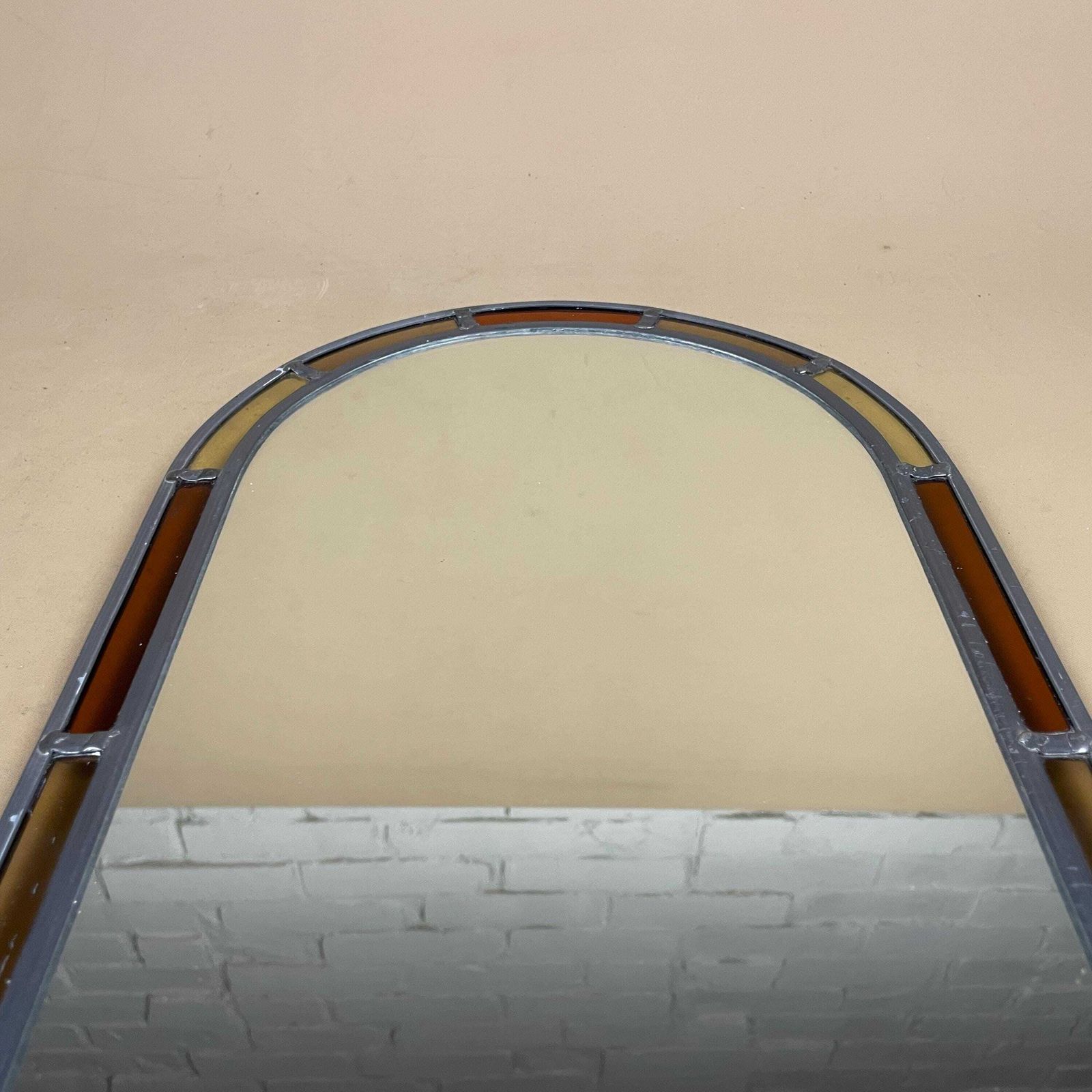 photo for sale Vintage Tiffany Style Mirror Arched Yellow Red Border Retro 80's Hanging Wall Medium 48.5x23.5cm Glass Bedroom Hallway Arch Curved Portrait