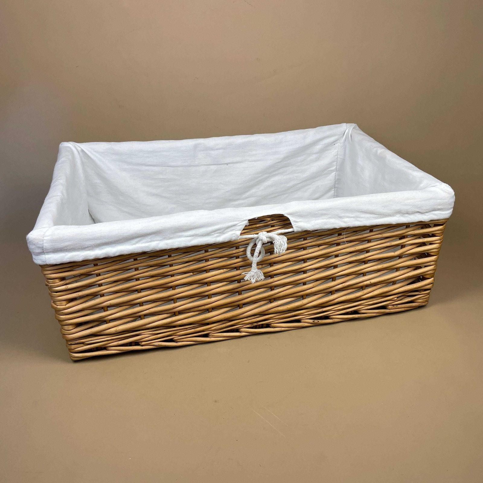 Rectangle Basket Woven Wicker Vintage Log Storage Wood White Fabric Lining Wooden Cottage Farmhouse Medium Logs Fireside Brown Sturdy