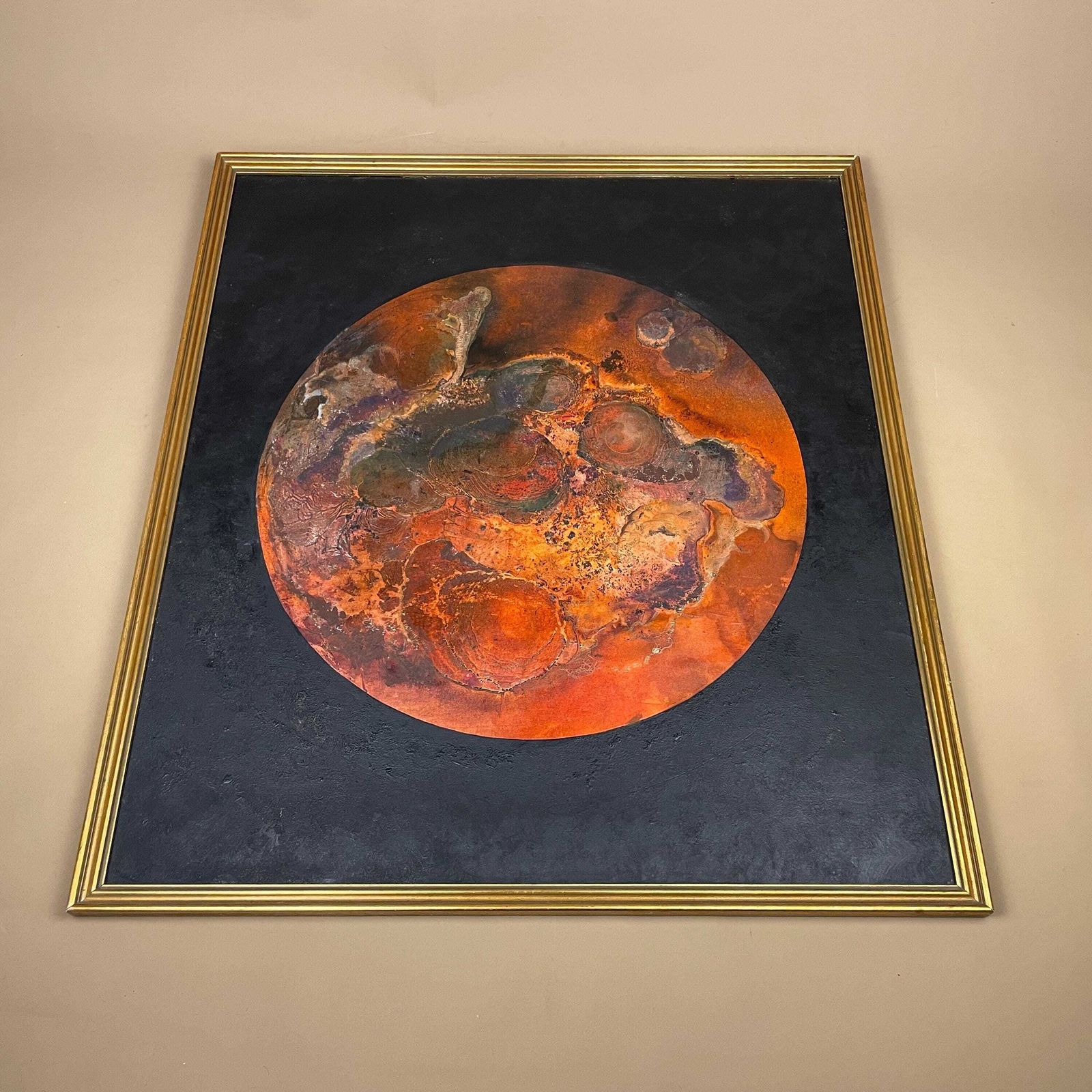 Vintage Abstract Painting Framed Planet Circle Space Modernist Acrylic Mixed Media Art Picture Artwork Wall Decor Gold Wooden Frame
