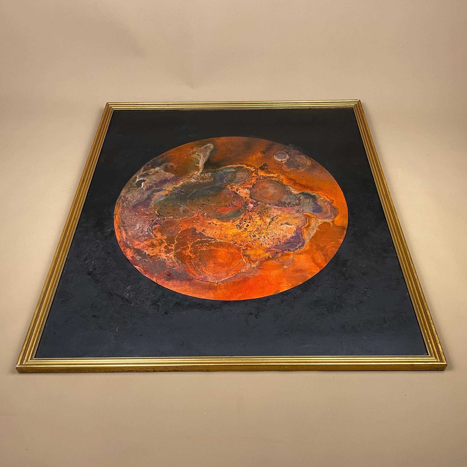 Vintage Abstract Painting Framed Planet Circle Space Modernist Acrylic Mixed Media Art Picture Artwork Wall Decor Gold Wooden Frame photo vinterior