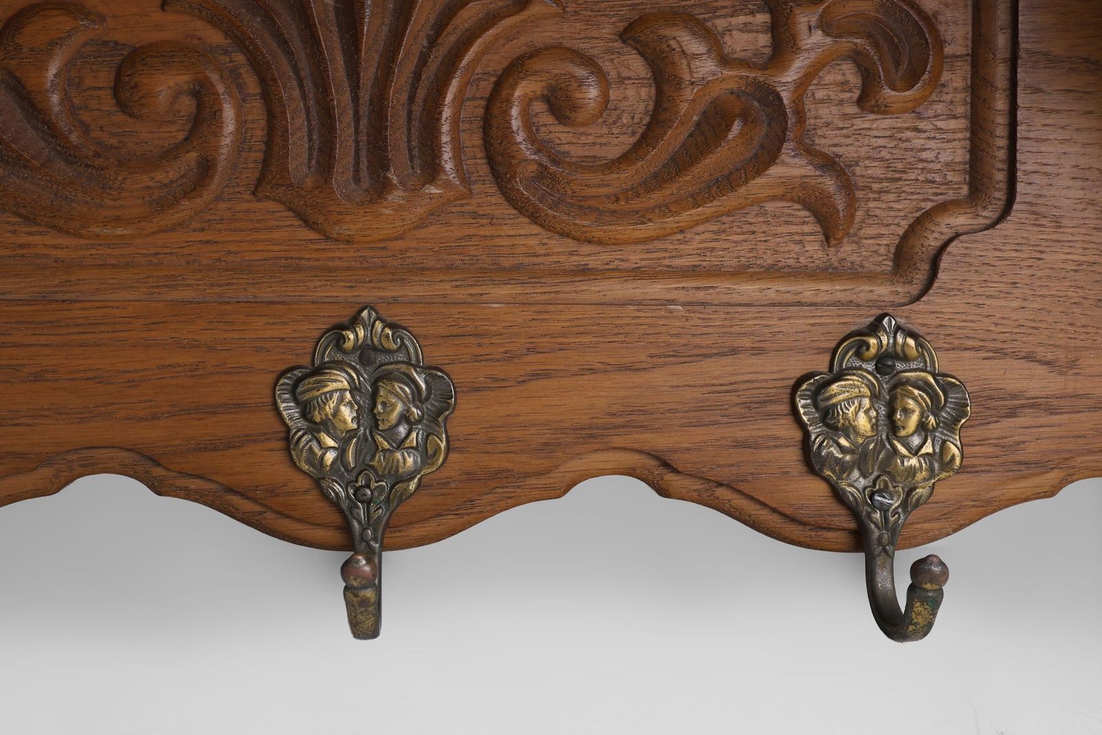 Mid Century Belgian Oak Wall Mounted Coat Rack In The Style Of Bruegel, 1950s photo vintage