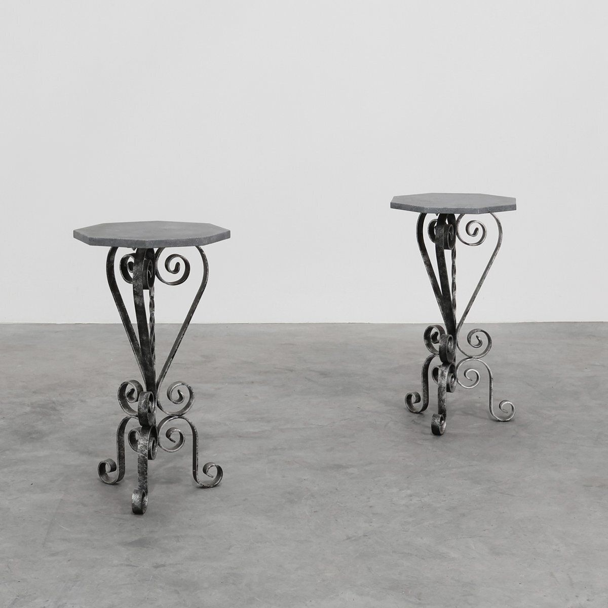 French Wrought Iron Consoles With Belgian Blue Stone Tops, 1950s, Set Of 2