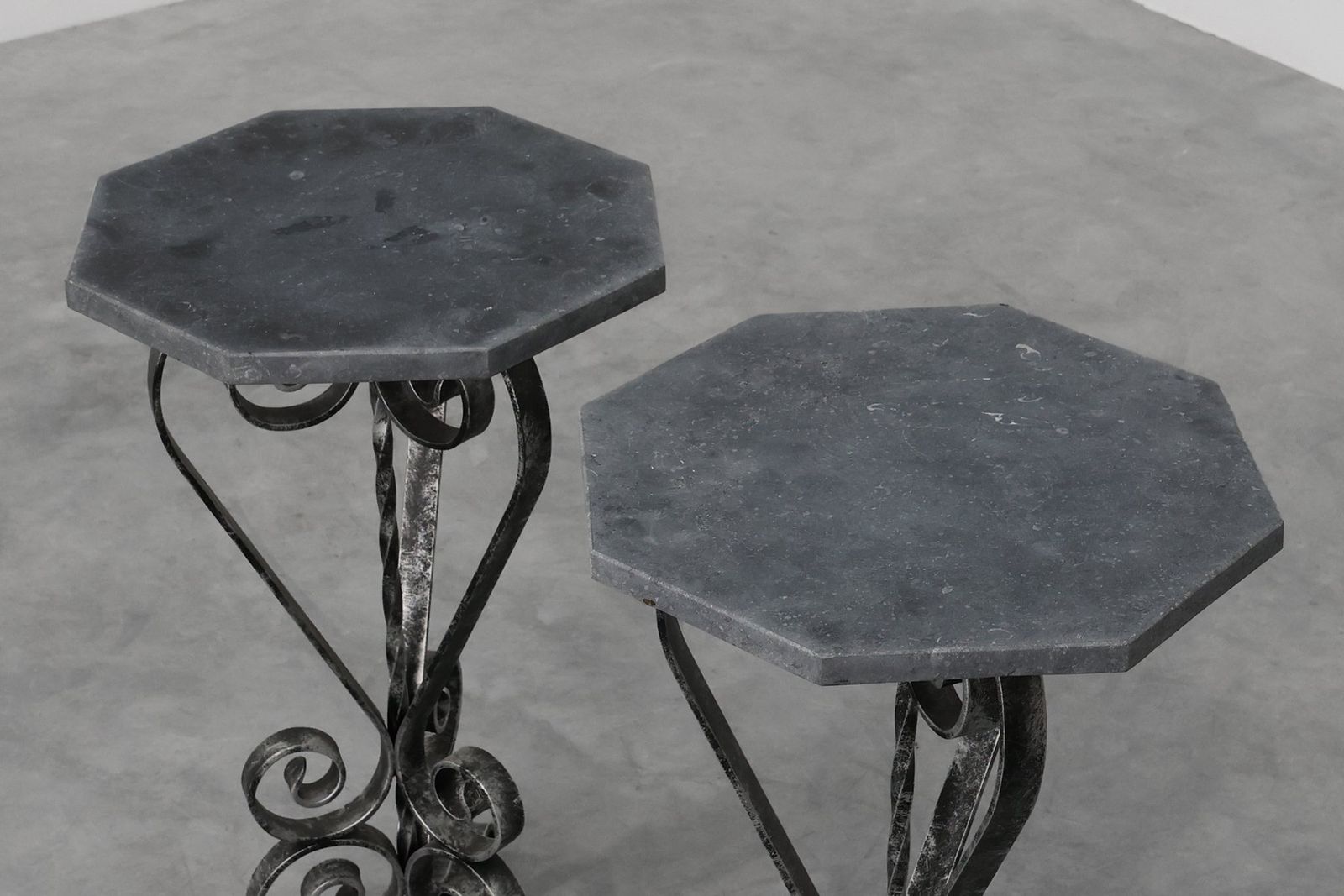 Furniture French Wrought Iron Consoles With Belgian Blue Stone Tops, 1950s, Set Of 2 photo