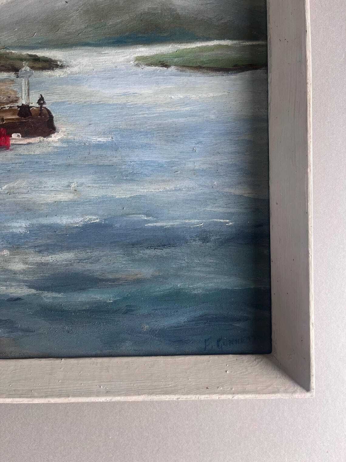 Vintage 1950s Coastal Oil Painting  Framed Harbour Landscape With Red Fishing Boat And Cottages  Midcentury Seaside Art photo Art