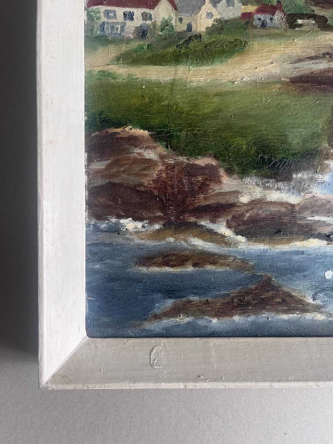 Vintage 1950s Coastal Oil Painting  Framed Harbour Landscape With Red Fishing Boat And Cottages  Midcentury Seaside Art photo 94.0