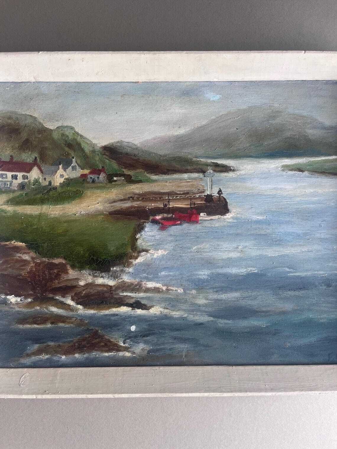 Art Vintage 1950s Coastal Oil Painting  Framed Harbour Landscape With Red Fishing Boat And Cottages  Midcentury Seaside Art photo