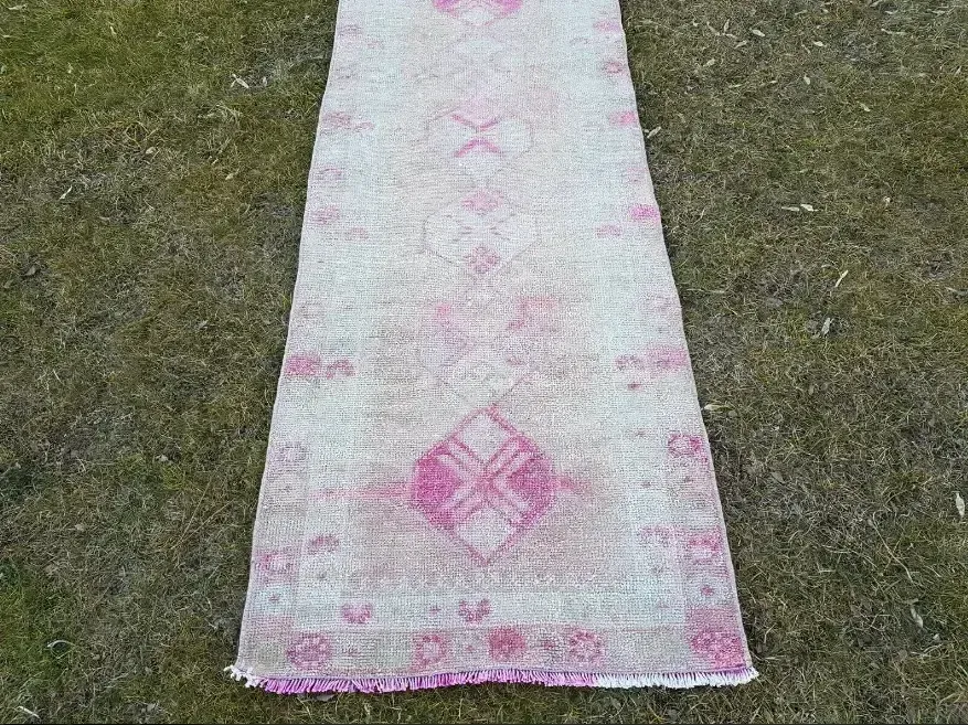 1970s Vintage Kurdish Handwoven Pink Runner   2′6″ × 12′10″ photo furniture