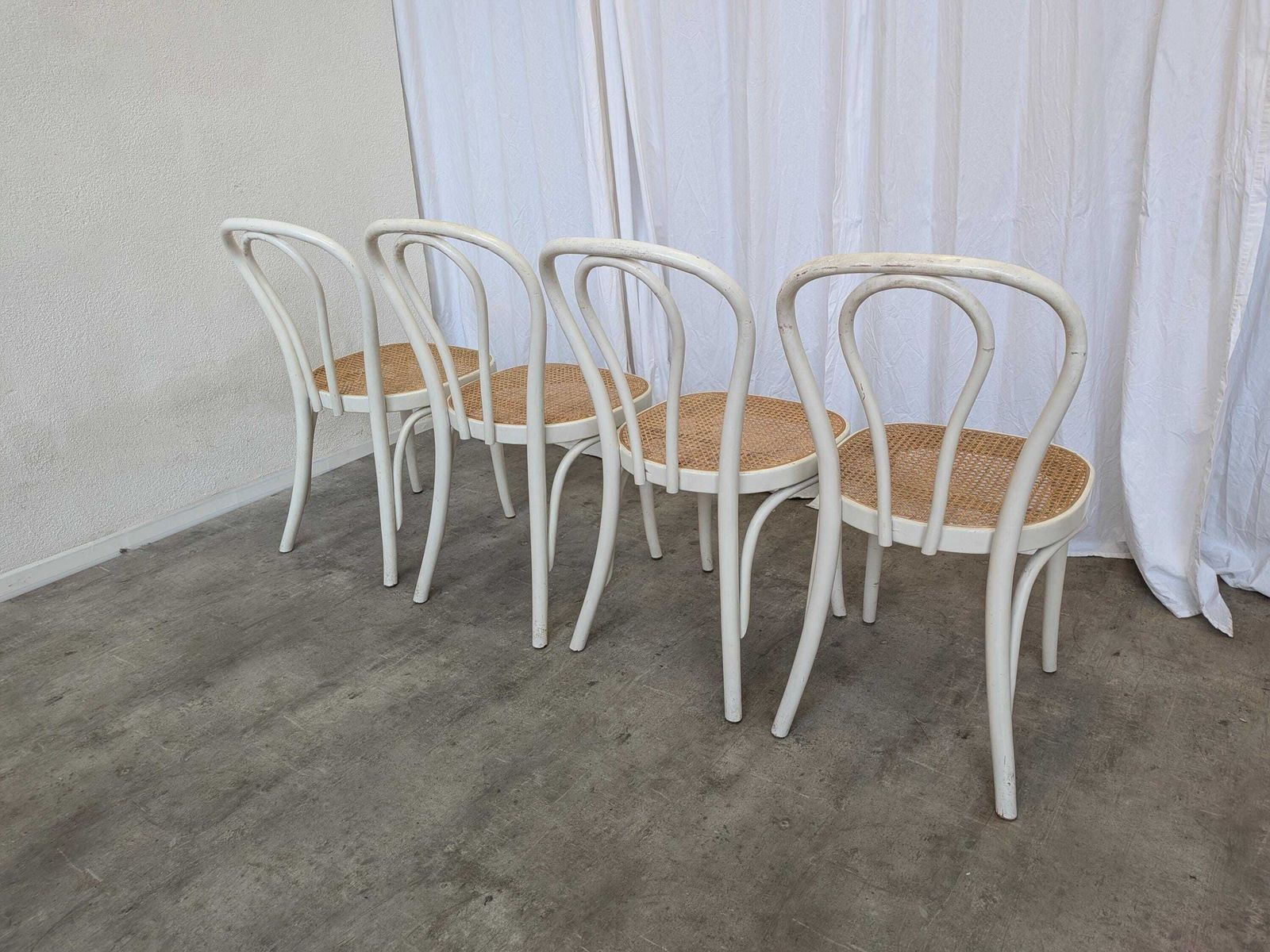 Set Of 4 Vintage Thonet Style Dining Chairs: White Wood & Cane Seat photo 875.0