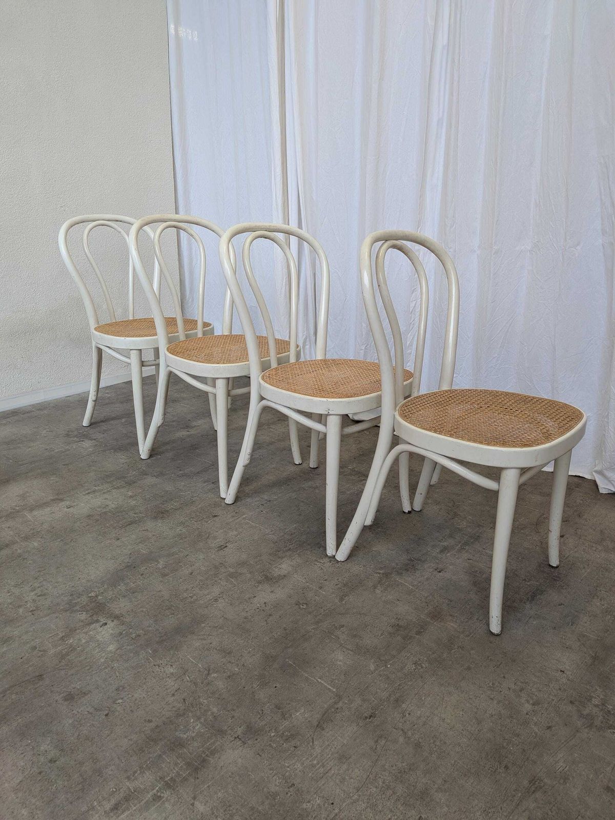 Set Of 4 Vintage Thonet Style Dining Chairs: White Wood & Cane Seat photo vinterior