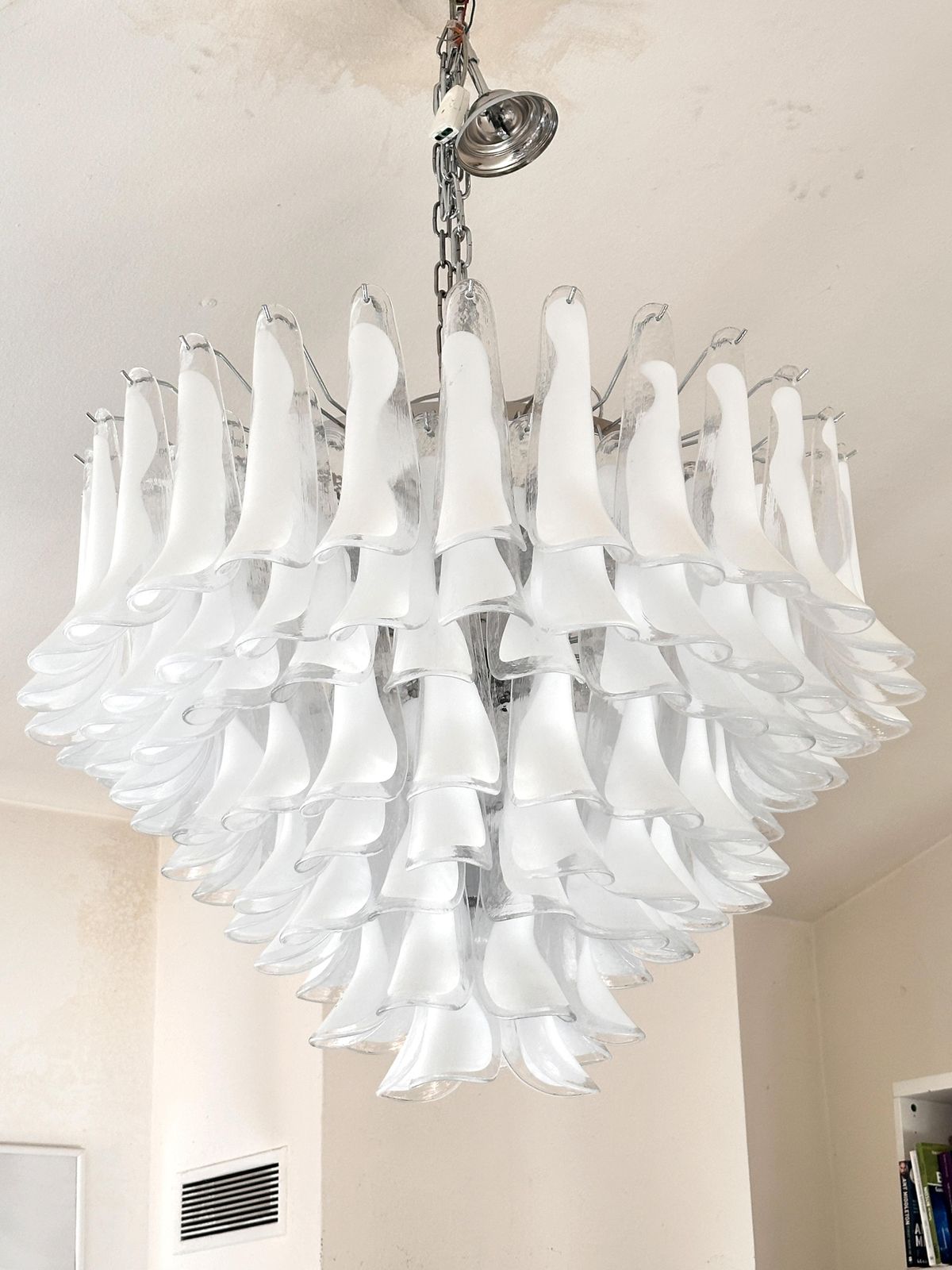 White And Transparent “Selle” Murano Glass Chandelier In Mazzega Style photo vintage