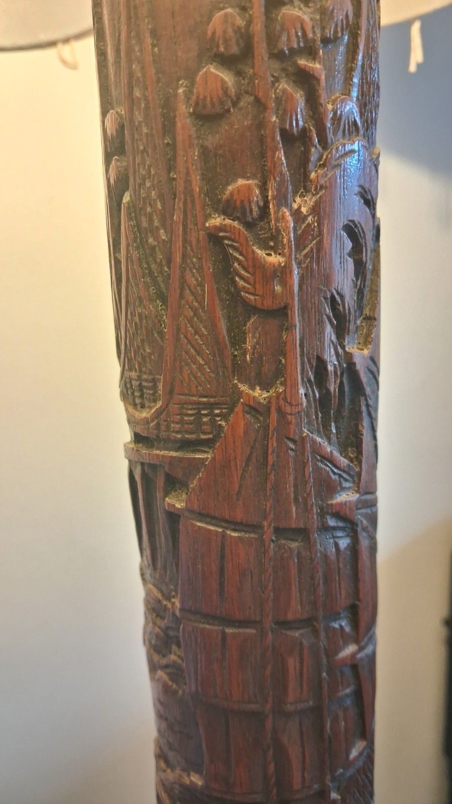 Beautiful 1930s Vintage Japanese Ebony Hardwood Hand Carved Standard Lamp photo for sale