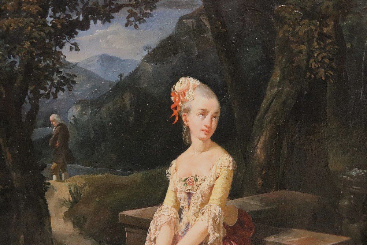 Romantic Scene, 1800s, Oil On Paper Mounted On Canvas, Framed photo for sale
