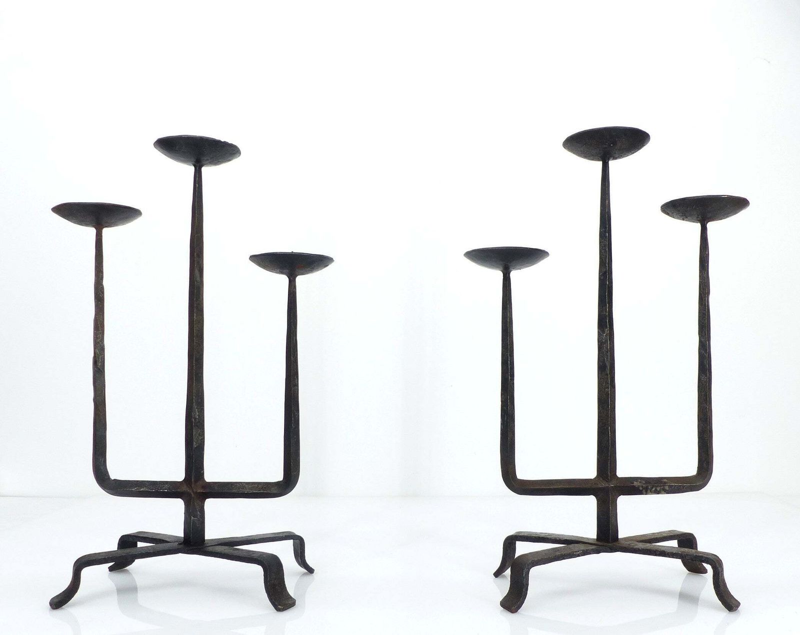 Pair Of Brutalist Wrought Iron Chandeliers, France, Three Lights, Signed, 1972 photo furniture
