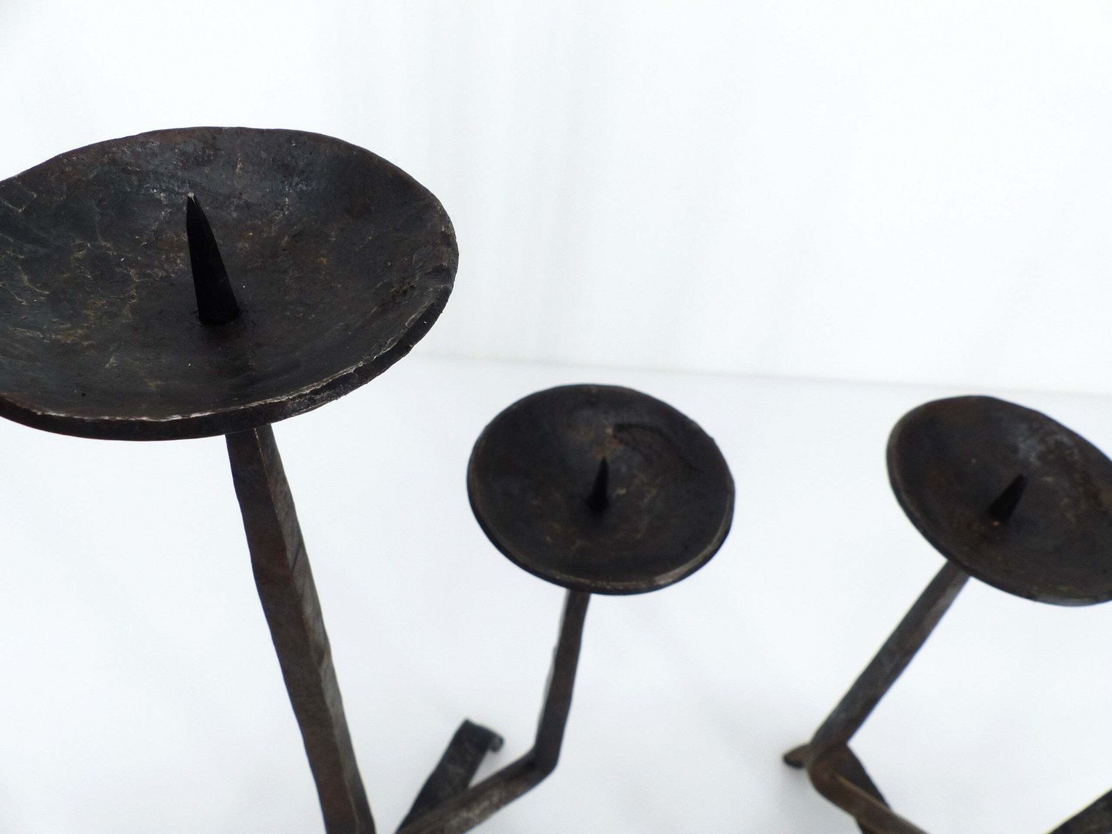 Pair Of Brutalist Wrought Iron Chandeliers, France, Three Lights, Signed, 1972 photo buy