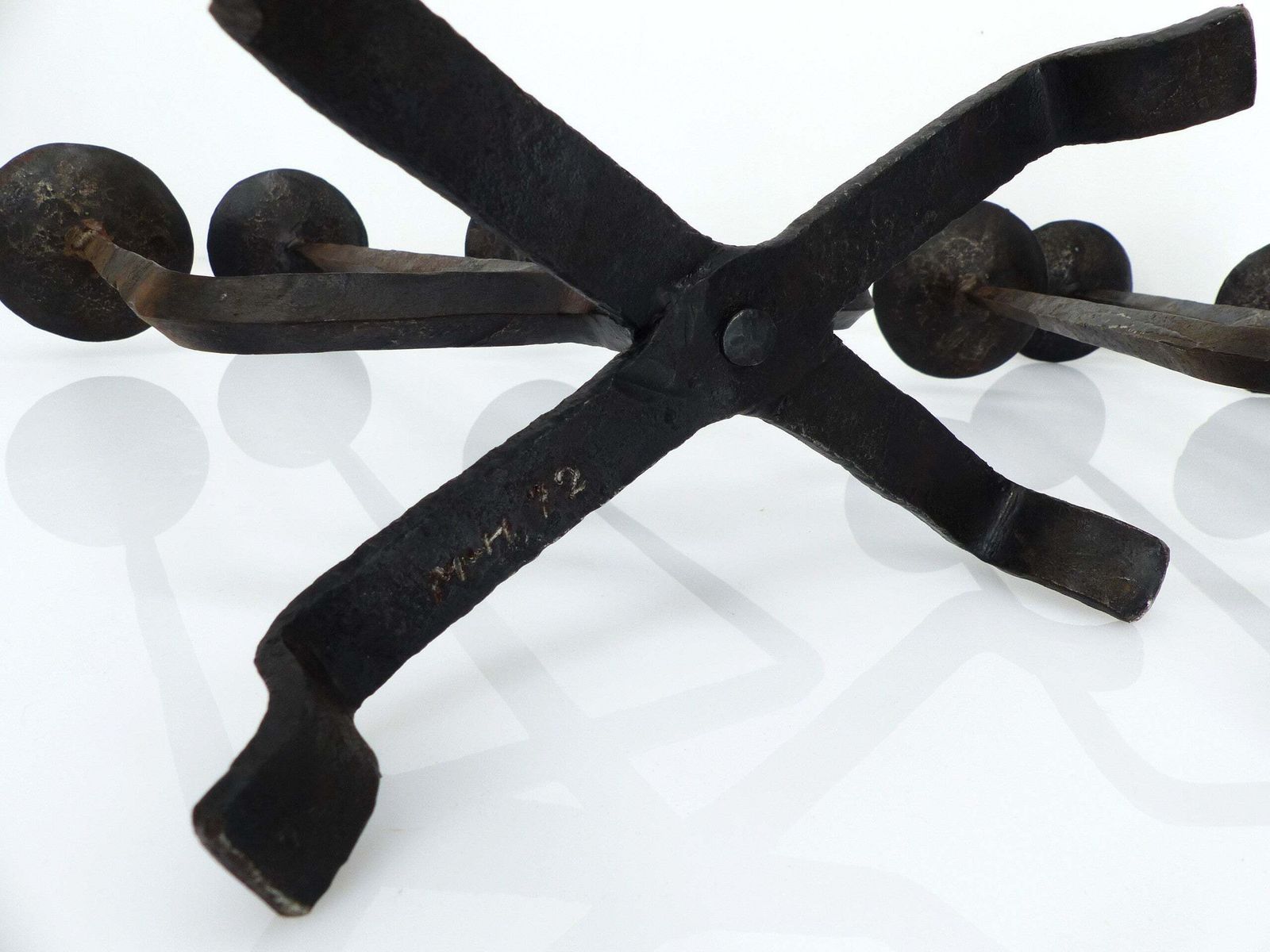 photo furniture Pair Of Brutalist Wrought Iron Chandeliers, France, Three Lights, Signed, 1972