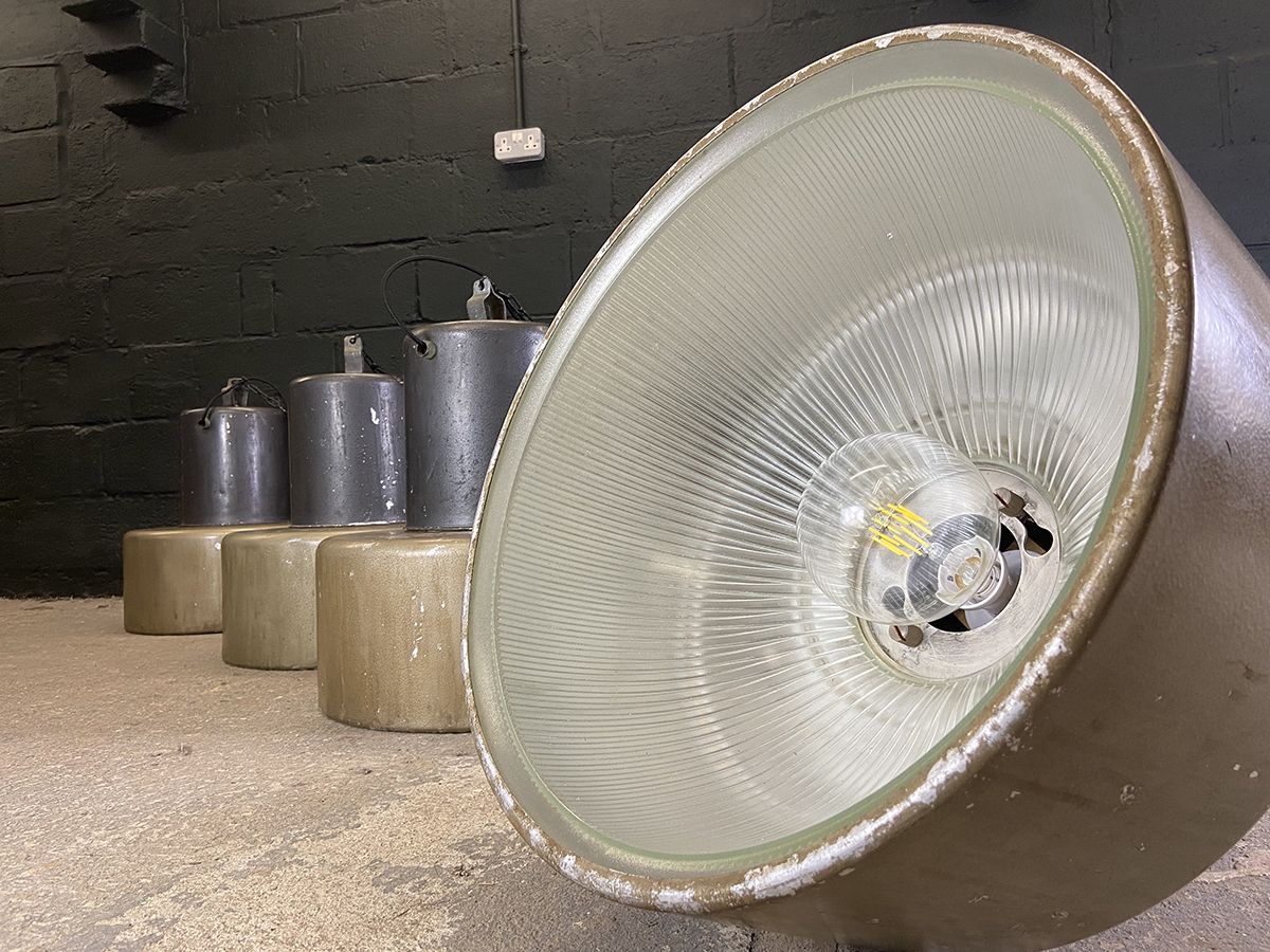 Set Of 4 Holophane Factory Pendant Lights From France. 1930s. Rewired. photo Lighting