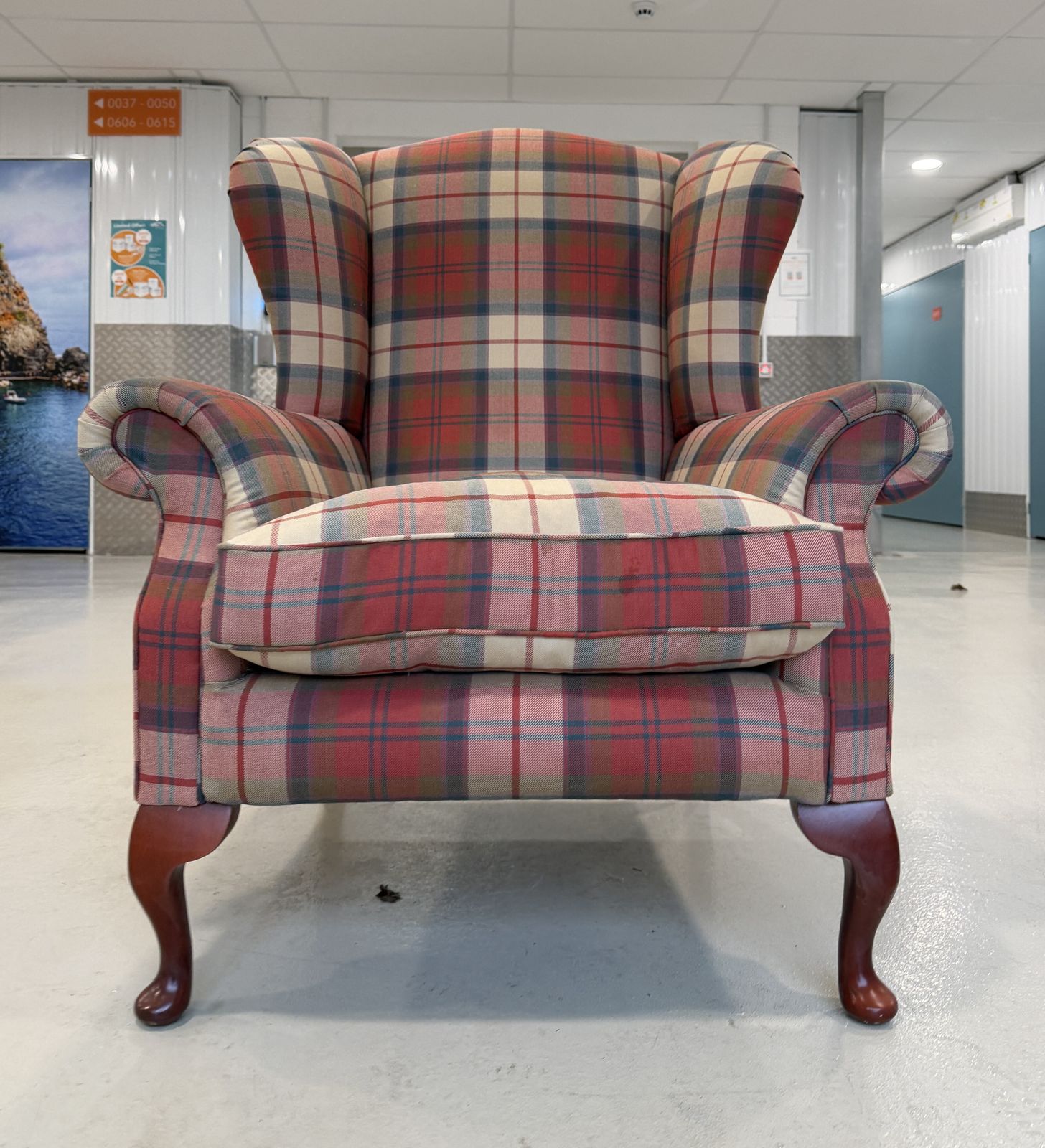 Lovely Queen Anne Style High Wingback Armchair In Red Check Fabric – Great Condition photo for sale