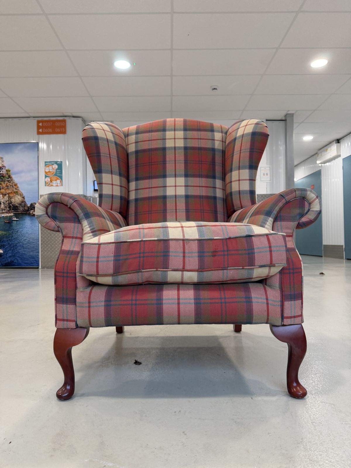 Lovely Queen Anne Style High Wingback Armchair In Red Check Fabric – Great Condition photo 350.0