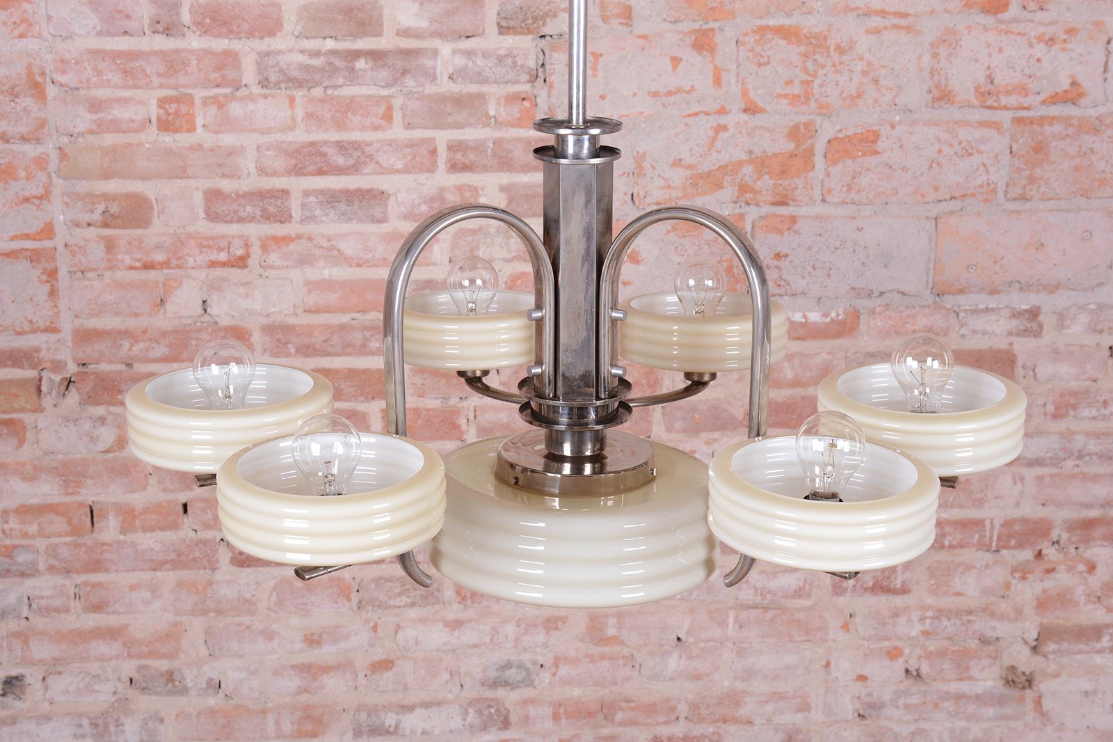 Restored Bauhaus Chandelier, Nickel Plated Steel, Opaline Glass, Czech, 1920s photo furniture