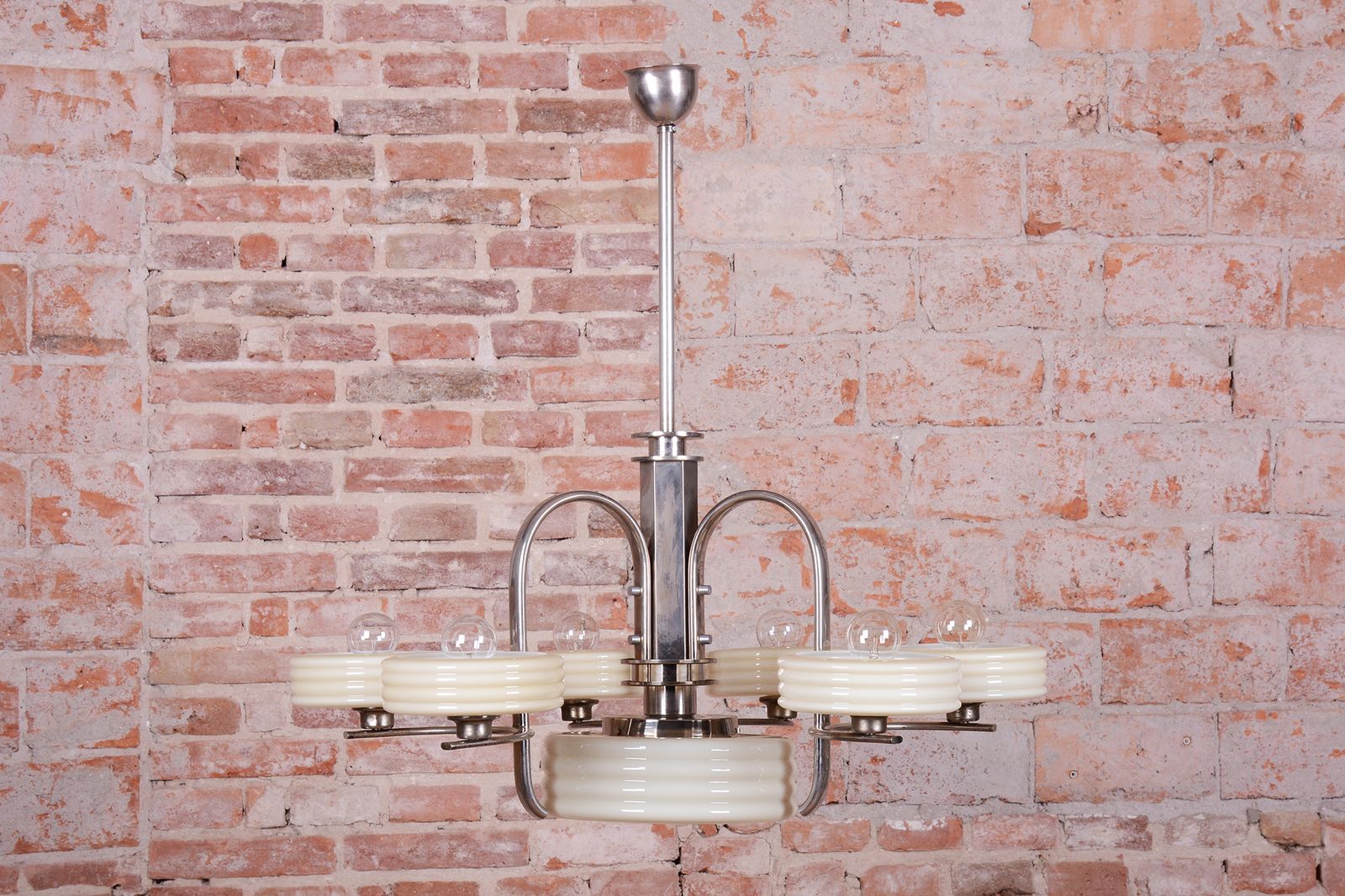 Restored Bauhaus Chandelier, Nickel Plated Steel, Opaline Glass, Czech, 1920s photo for sale