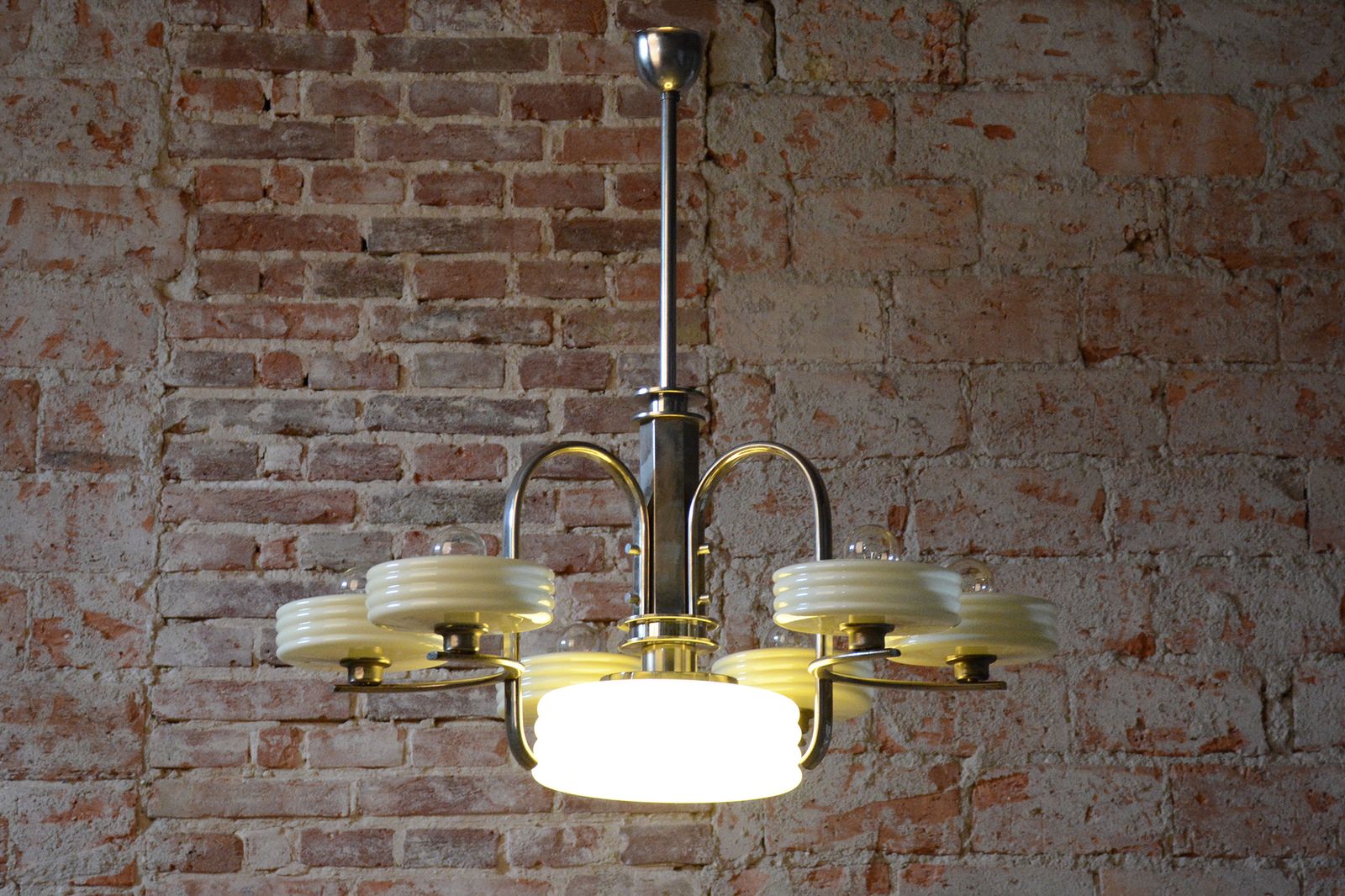 Lighting Restored Bauhaus Chandelier, Nickel Plated Steel, Opaline Glass, Czech, 1920s photo
