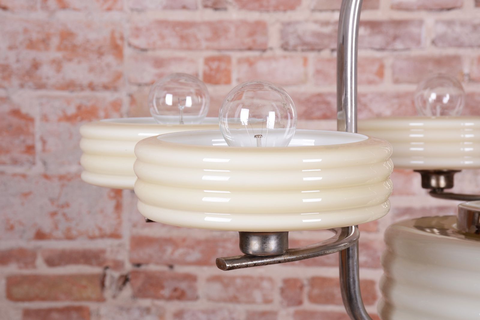 2250.0 Restored Bauhaus Chandelier, Nickel Plated Steel, Opaline Glass, Czech, 1920s photo