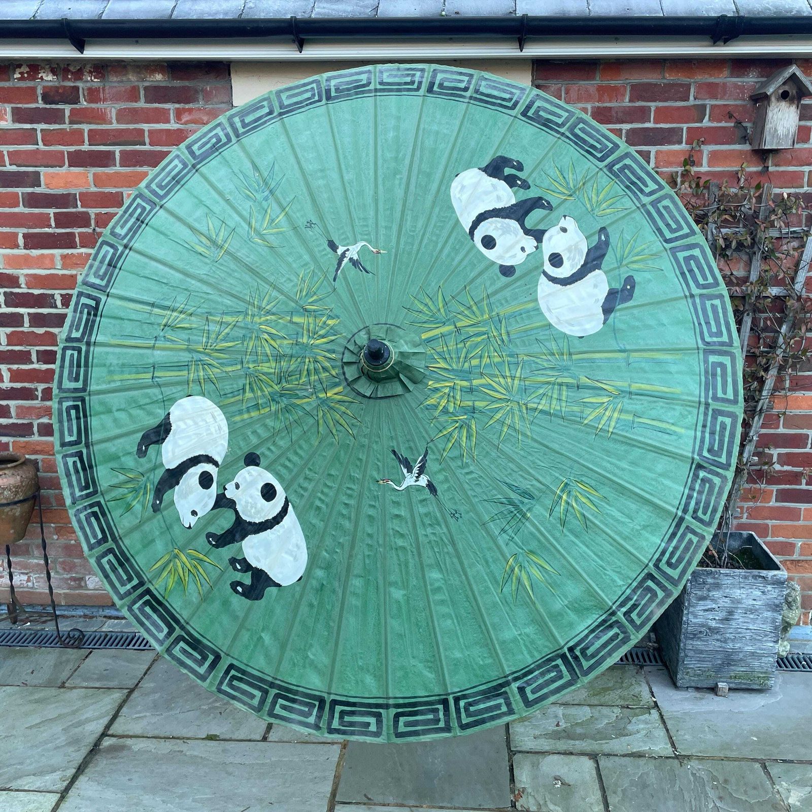 Japanese Hand Painted Parasol Large Garden Bamboo Umbrella Vintage Oriental Decor Asian Folk Art Display Pandas Green Display