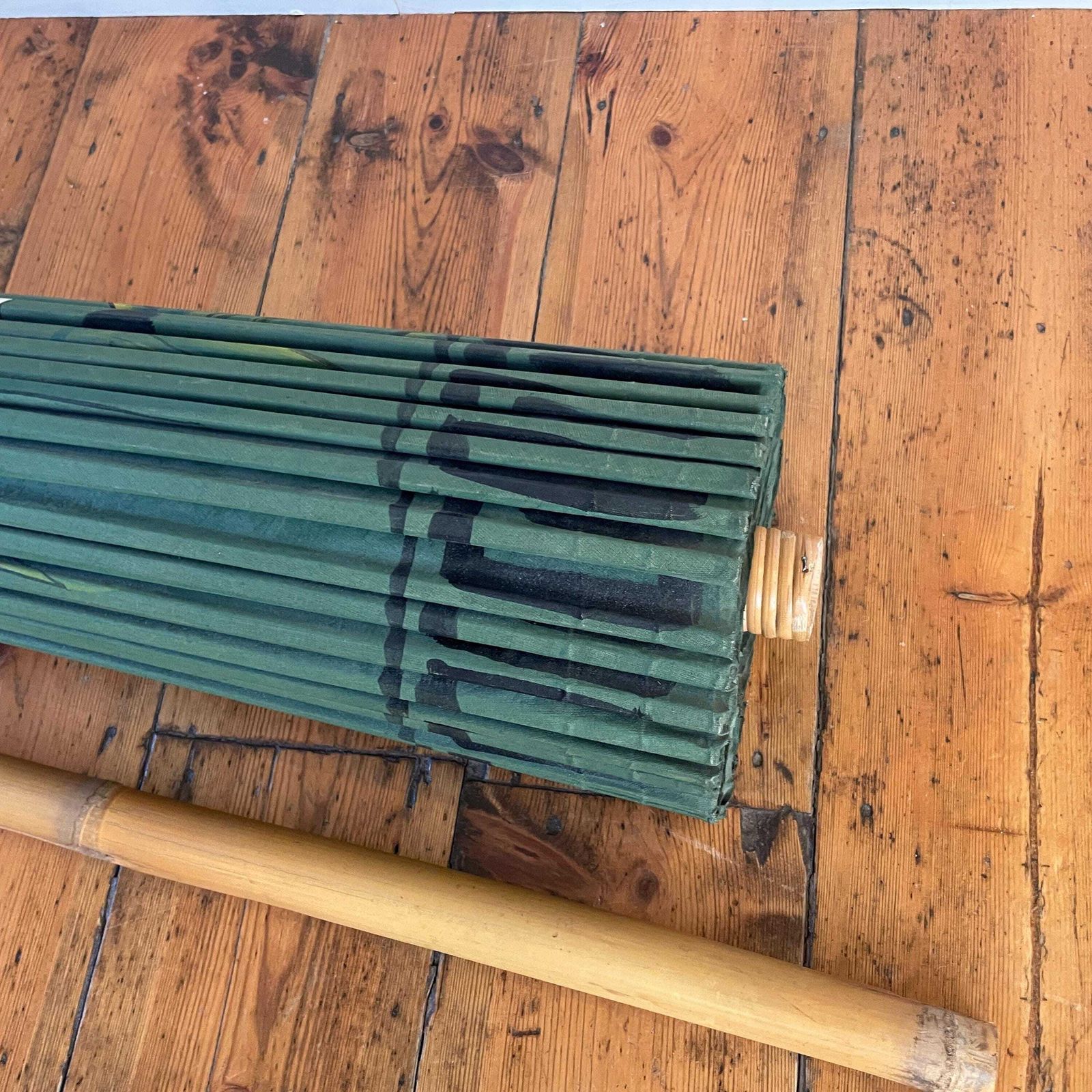 Japanese Hand Painted Parasol Large Garden Bamboo Umbrella Vintage Oriental Decor Asian Folk Art Display Pandas Green Display photo 325.0