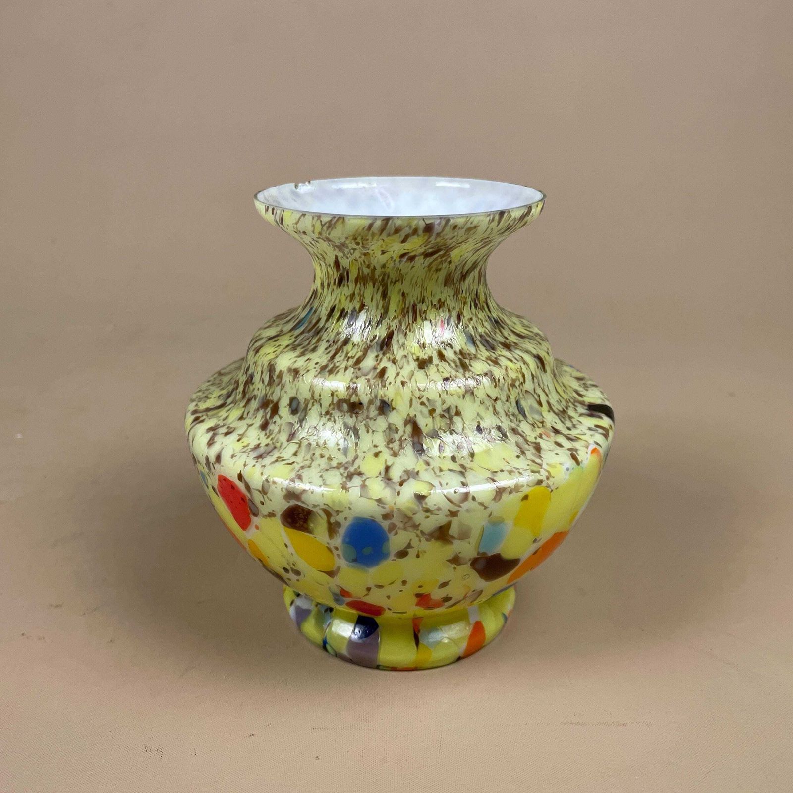 Art Glass Vase Hand Blown Confetti Spatter Mid Century Decorative Vase Czech Bohemian Yellow Round Display Ornament
