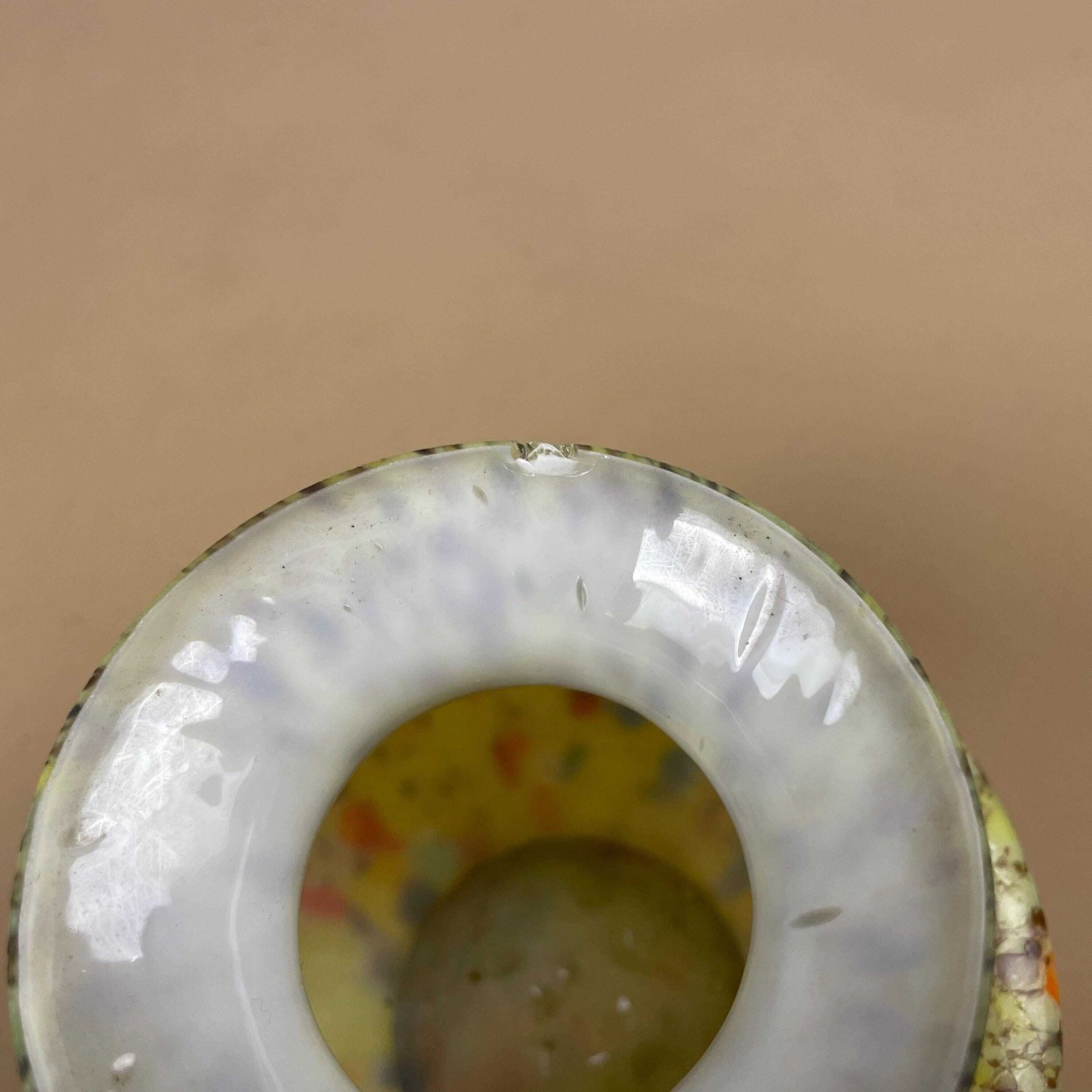 photo for sale Art Glass Vase Hand Blown Confetti Spatter Mid Century Decorative Vase Czech Bohemian Yellow Round Display Ornament