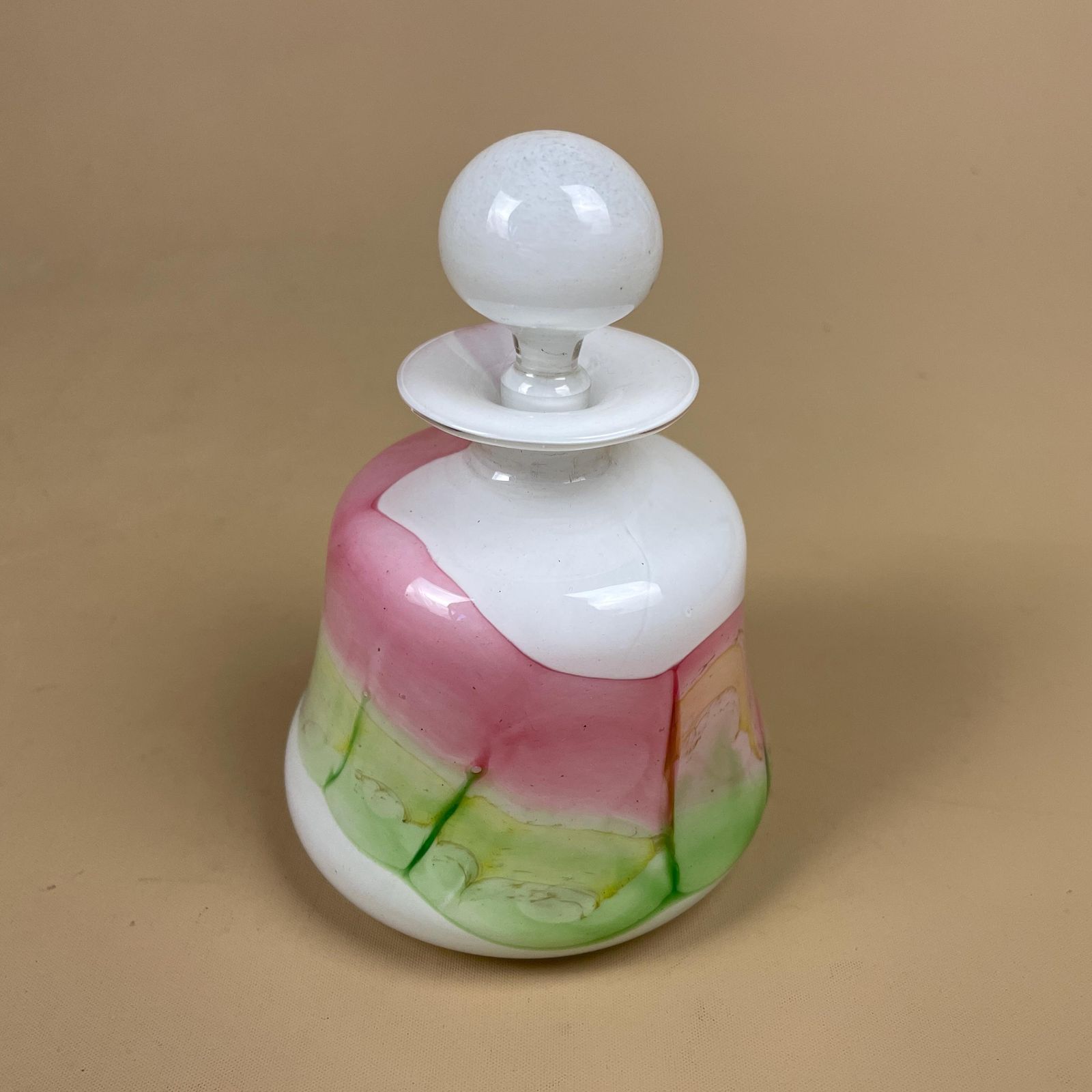 Vintage Perfume Bottle Snuff Scent C.1970's Hand Blown With Lid Pink Green White Decorative Small Dressing Table Decor Ornament photo furniture