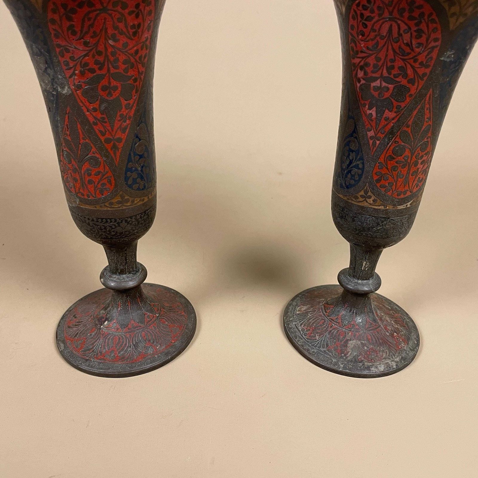 Pair Of Antique Metal Gold Indian Patterned Brass Vase Pot Flute Jardiniere Red Handmade Engraved Painted Intricate Vintage Decorative photo for sale