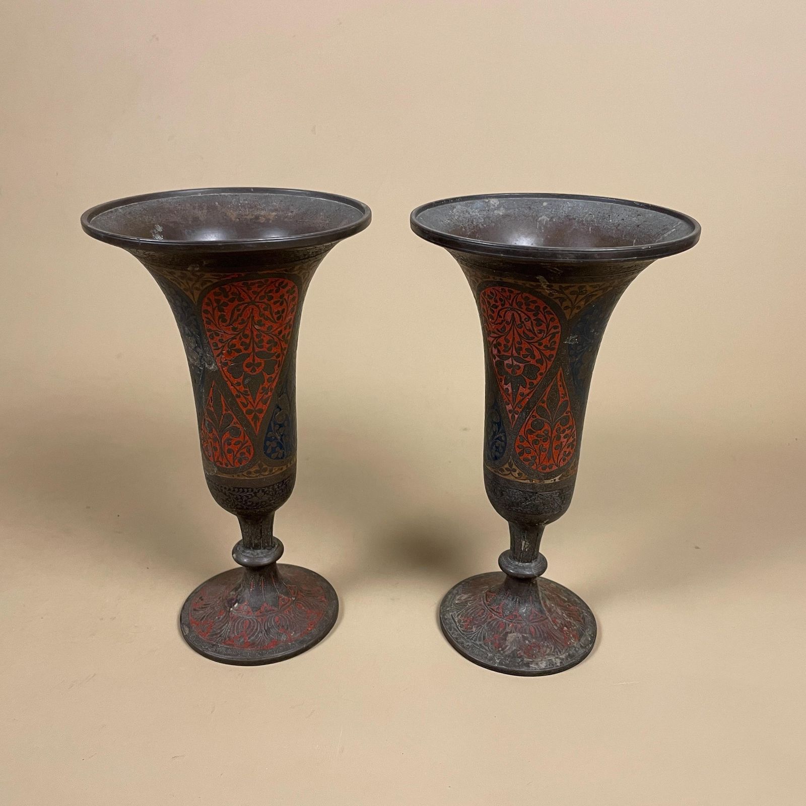 Pair Of Antique Metal Gold Indian Patterned Brass Vase Pot Flute Jardiniere Red Handmade Engraved Painted Intricate Vintage Decorative photo Home Decor
