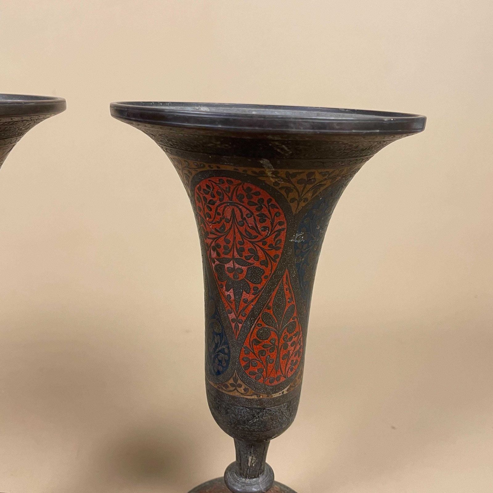 Pair Of Antique Metal Gold Indian Patterned Brass Vase Pot Flute Jardiniere Red Handmade Engraved Painted Intricate Vintage Decorative photo vinterior