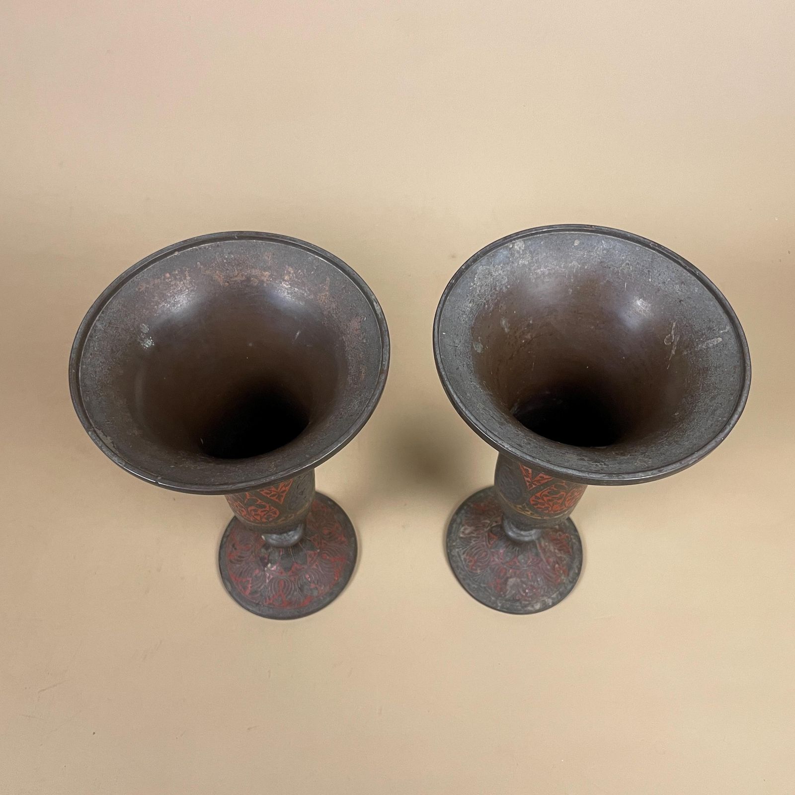 Pair Of Antique Metal Gold Indian Patterned Brass Vase Pot Flute Jardiniere Red Handmade Engraved Painted Intricate Vintage Decorative photo vintage