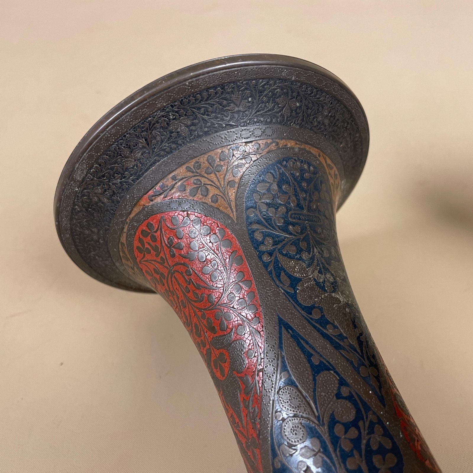 Home Decor Pair Of Antique Metal Gold Indian Patterned Brass Vase Pot Flute Jardiniere Red Handmade Engraved Painted Intricate Vintage Decorative photo