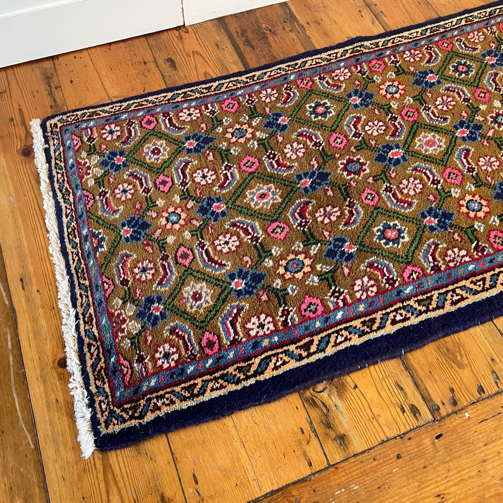 Antique Hand Woven Rug Carpet Mat Rectangle Wool Vintage Pattern Floor Mat Handmade Textile Patterned 124x57cm Runner Multicoloured Tassels photo furniture