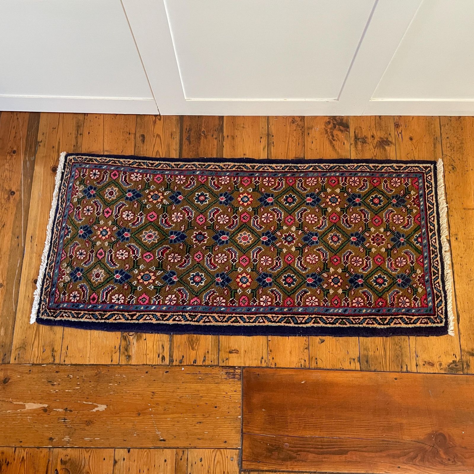 Antique Hand Woven Rug Carpet Mat Rectangle Wool Vintage Pattern Floor Mat Handmade Textile Patterned 124x57cm Runner Multicoloured Tassels photo vinterior