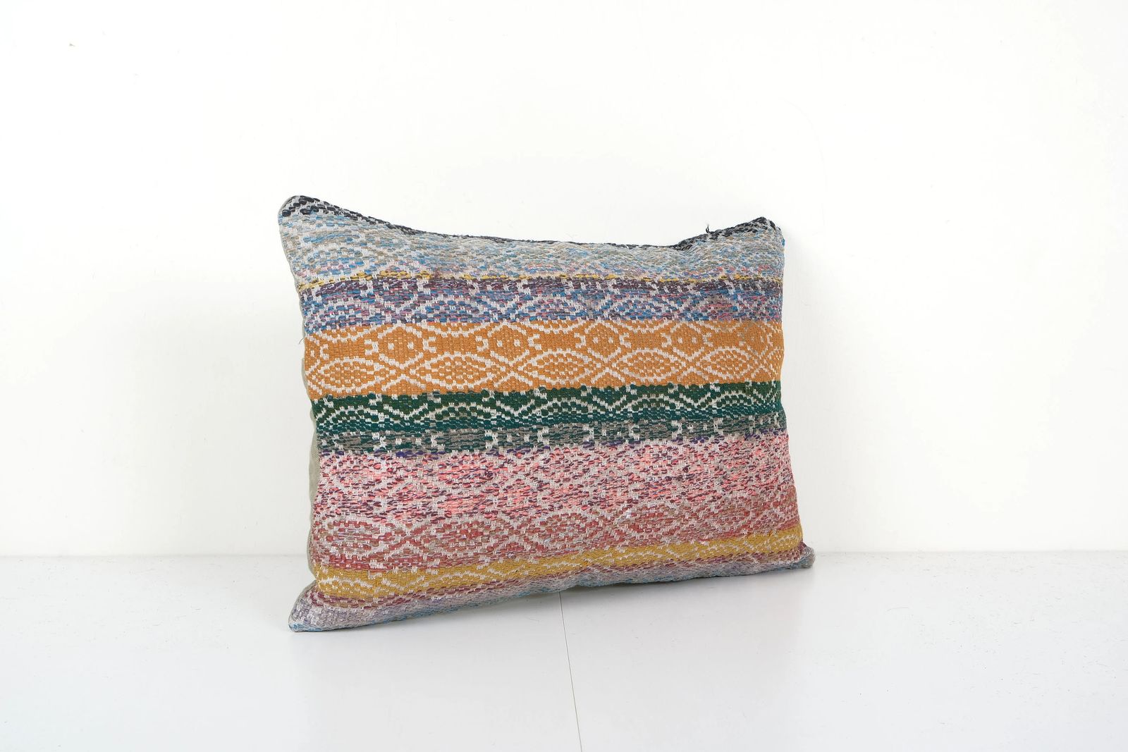 Vintage Kilim Lumbar Pillow Cover, Striped Geometric Wool photo Textiles