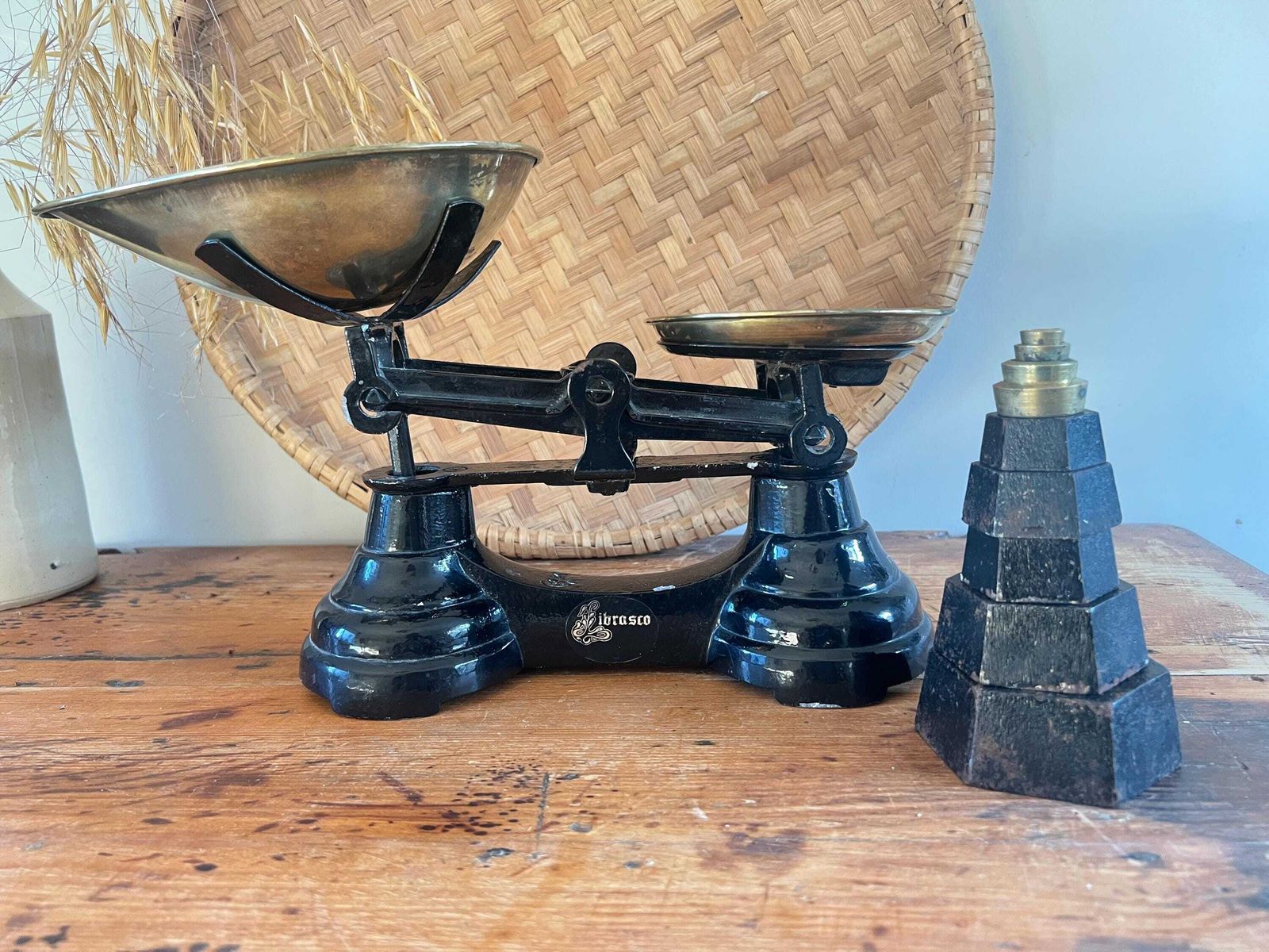 Vintage Black Librasco Kitchen Balance Scales: Brass Pans Full Set Weights, Rustic Farmhouse Kitchen Decor, Cottagecore, Grandmillennial photo furniture