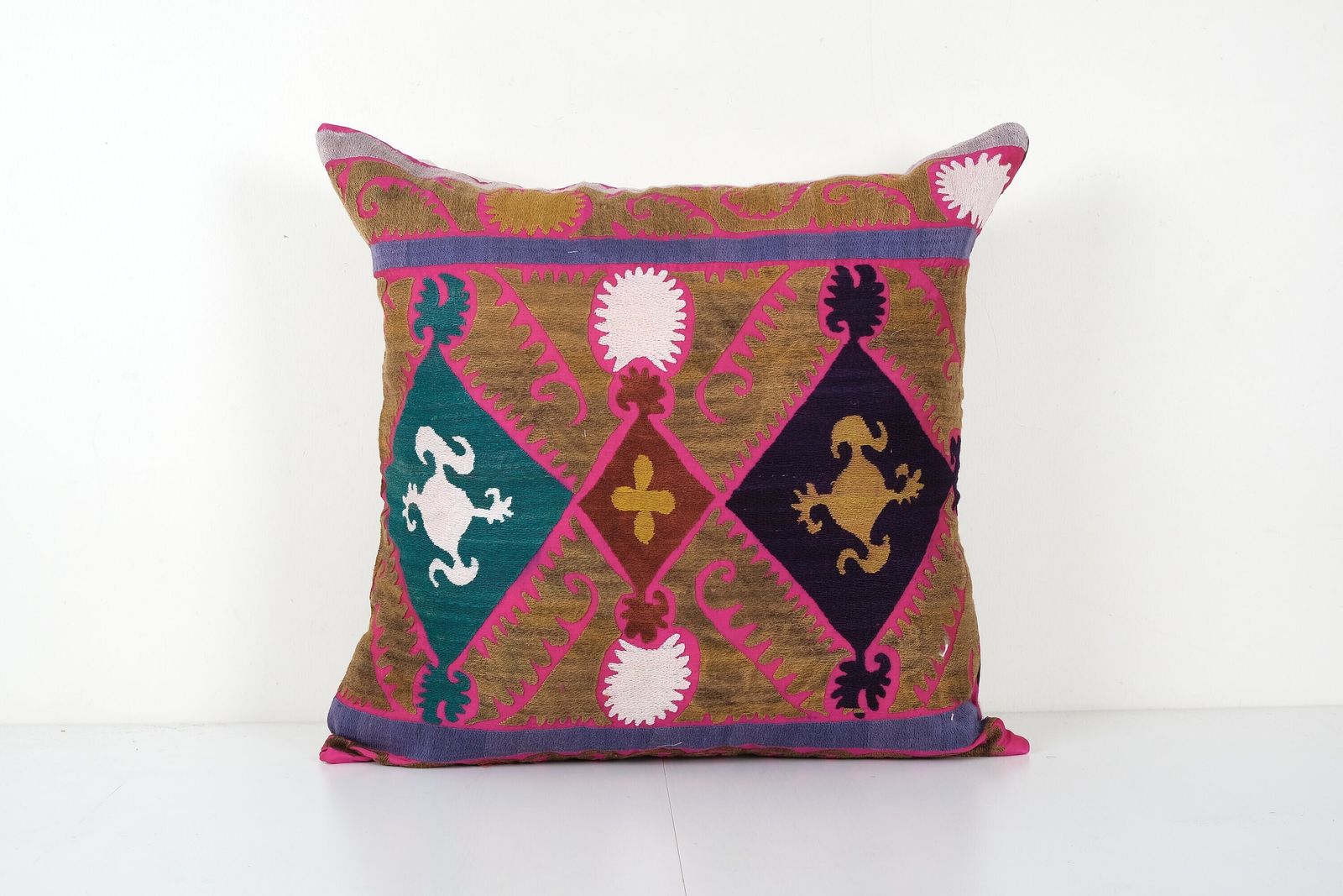 Vintage Uzbek Suzani Pillow Cover, Caramel Cotton, Handmade In Turkey